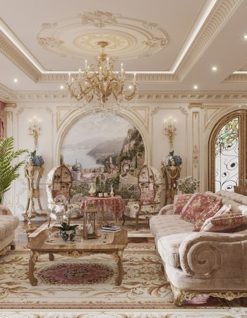 Классический интерьер гостиной с роскошной лепниной, драгоценными породами деревами и частной коллекцией картин и золотых статуй