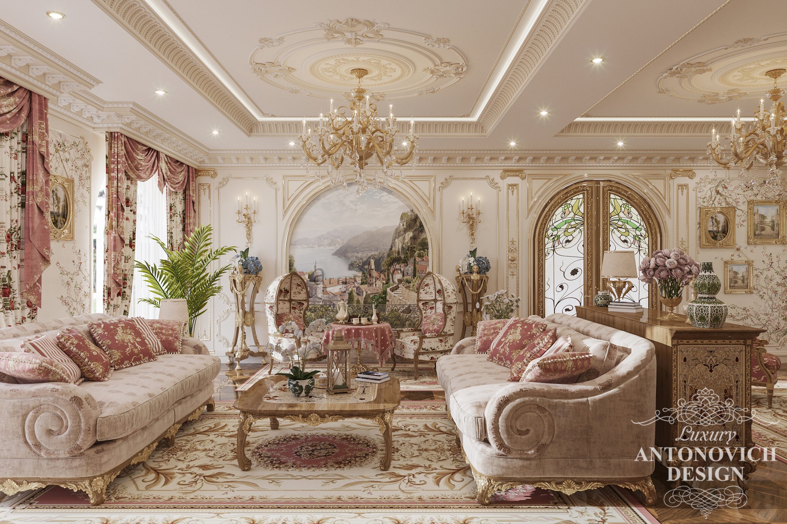 Классический интерьер гостиной с роскошной лепниной, драгоценными породами деревами и частной коллекцией картин и золотых статуй