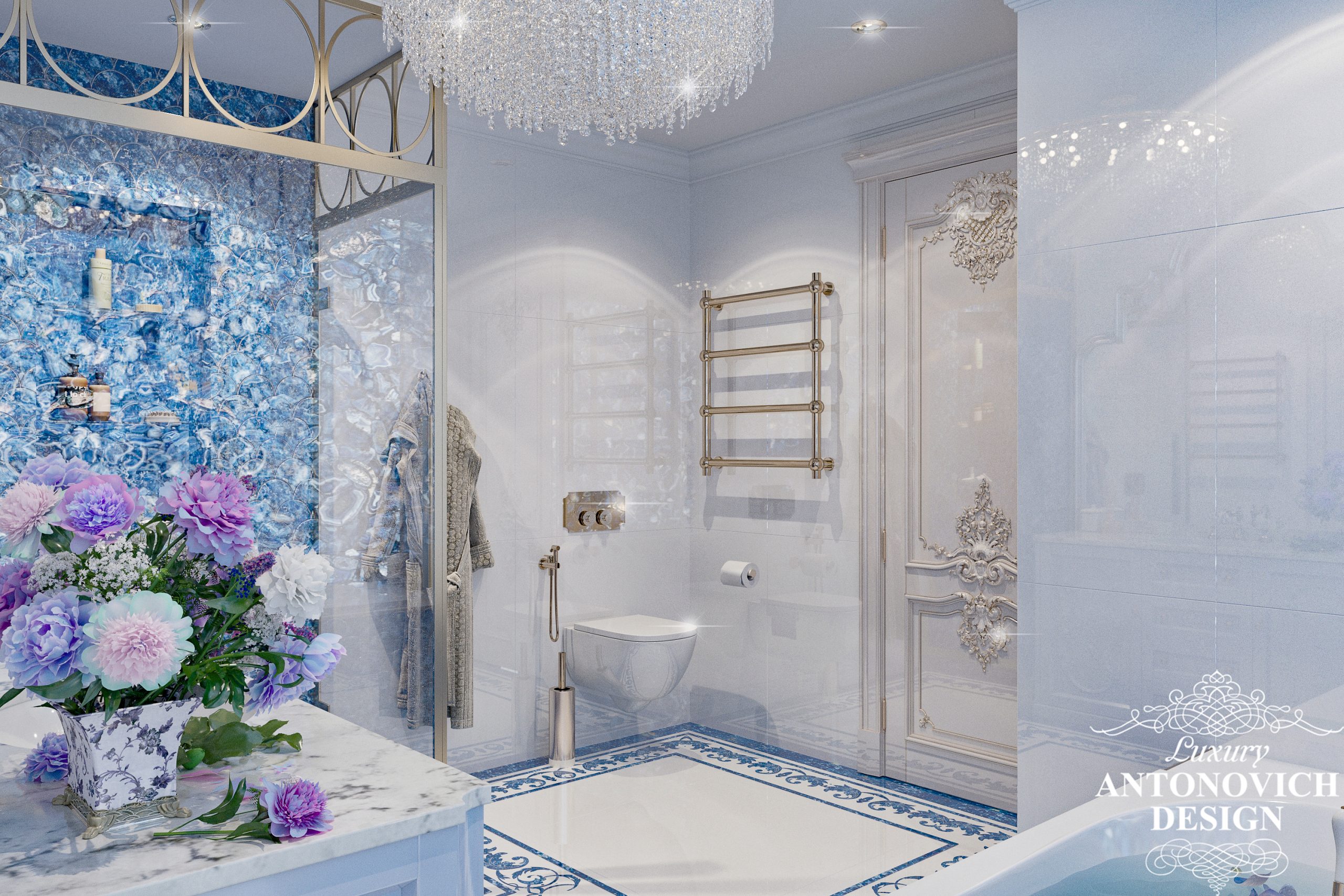 Дивовижні деталі і розкішний декор з обробкою з кришталю і агатів в інтер'єрі ванної кімнати в проекті квартири
