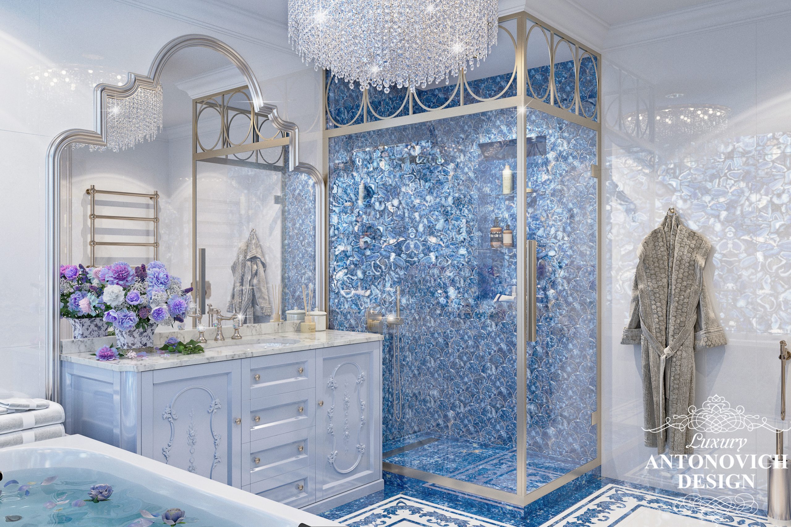 Дизайн розкішної ванної кімнати з обробкою з натуральних матеріалів і приголомшливим освітленням
