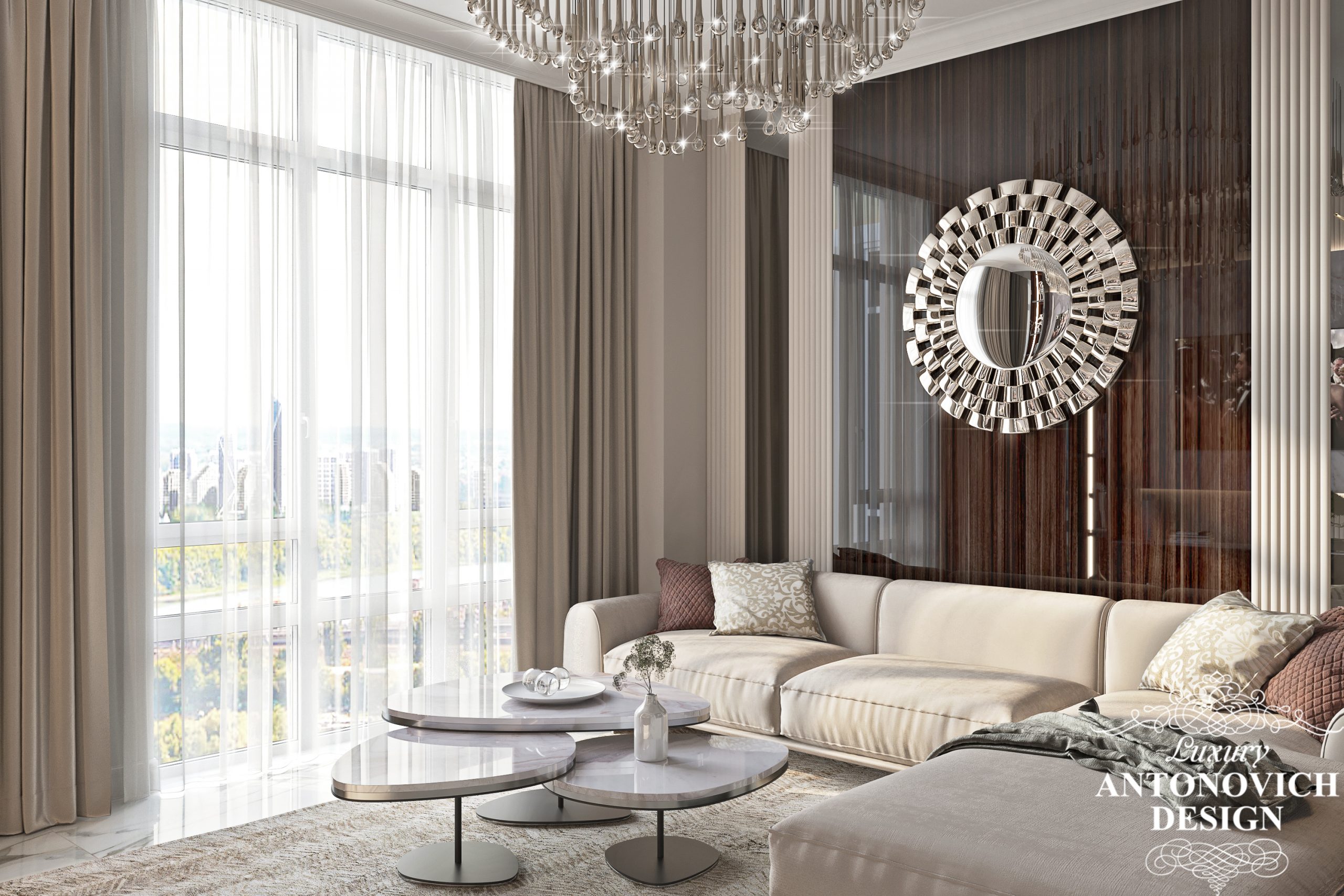 Оригинальный эксклюзивный декор и роскошная итальянская мебель в дизайн-проекте квартиры в интерьере гостиной