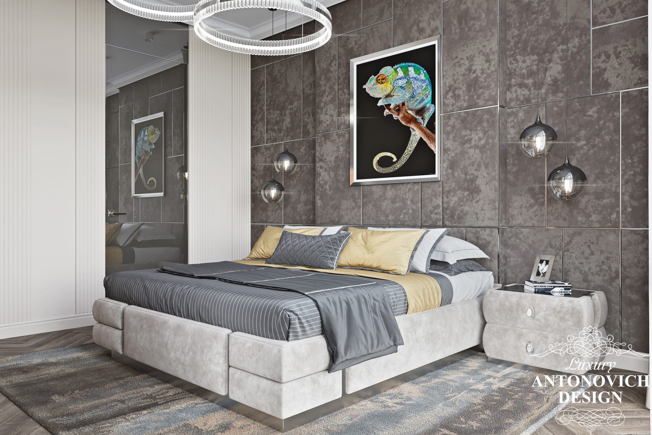 Дизайн-проект сучасної спальні в сірих монохромних тонах з авторським декором