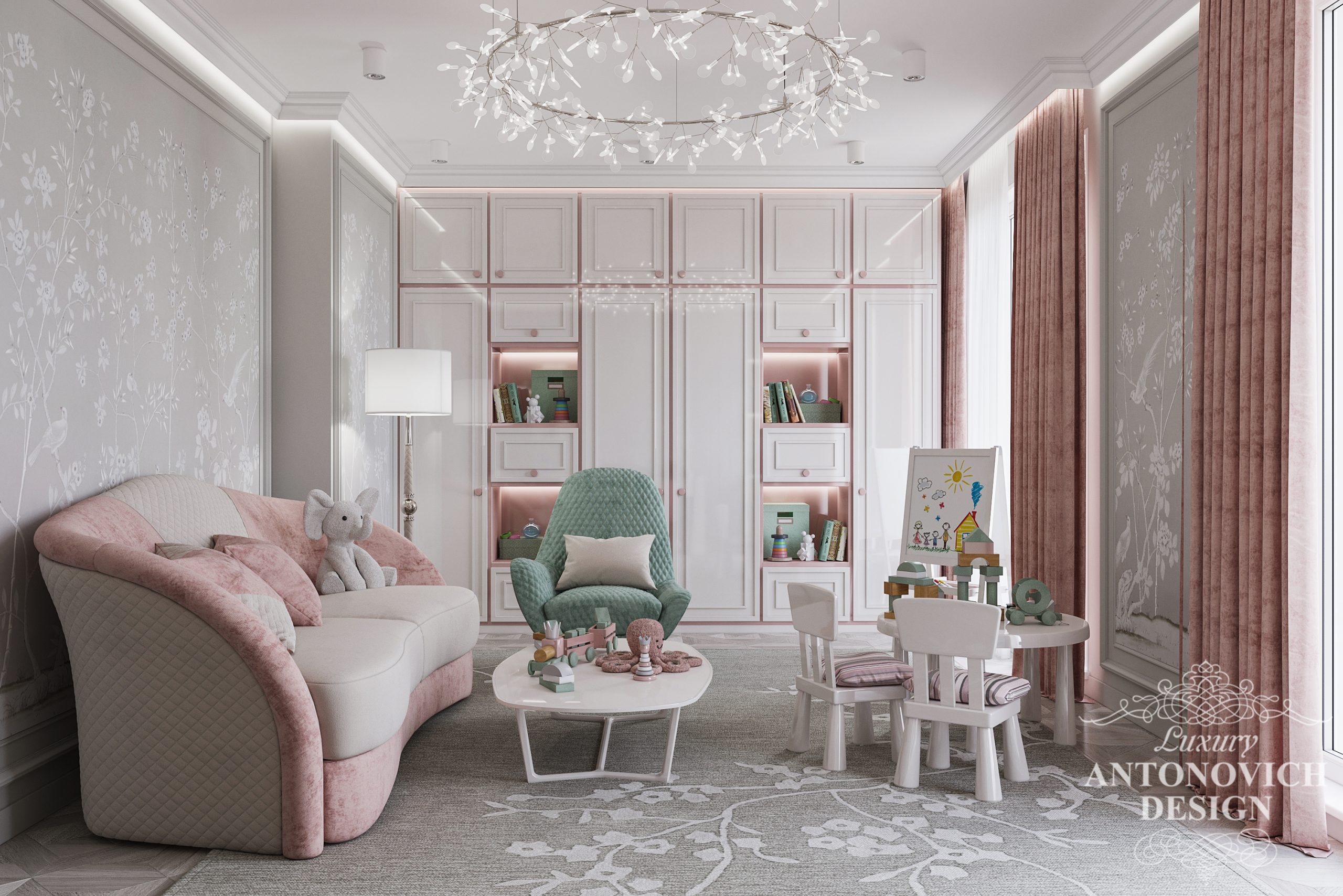 Функціональна дитяча кімната з попелясто-рожевих. молочних ніжних тонах з сучасним дизайнерським освітленням для дівчинки