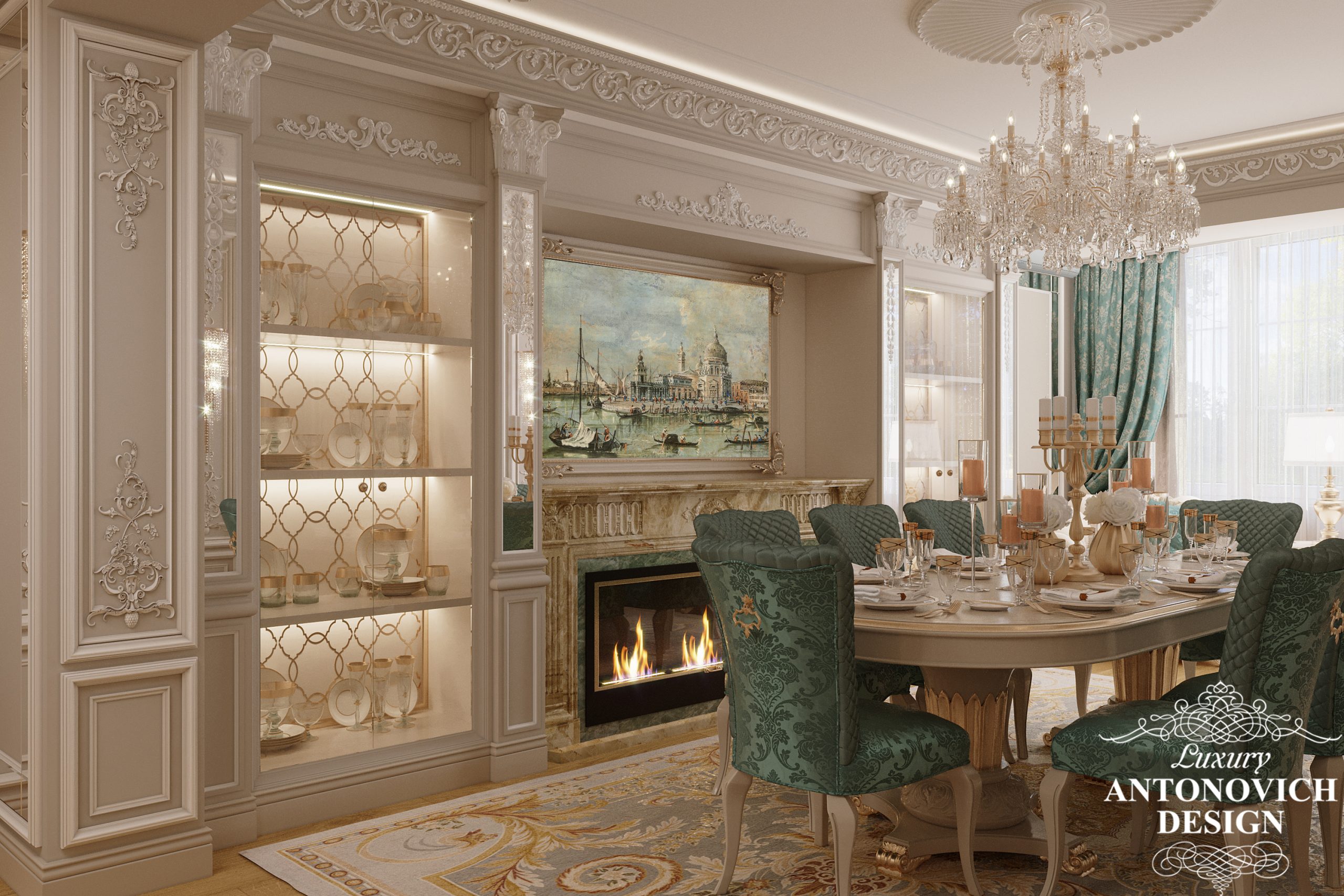 Розкішний ліпний декор і підвісні кришталеві люстри з канделяюрамі в шикарний інтер'єр елітної вітальні в неокласичному стилі