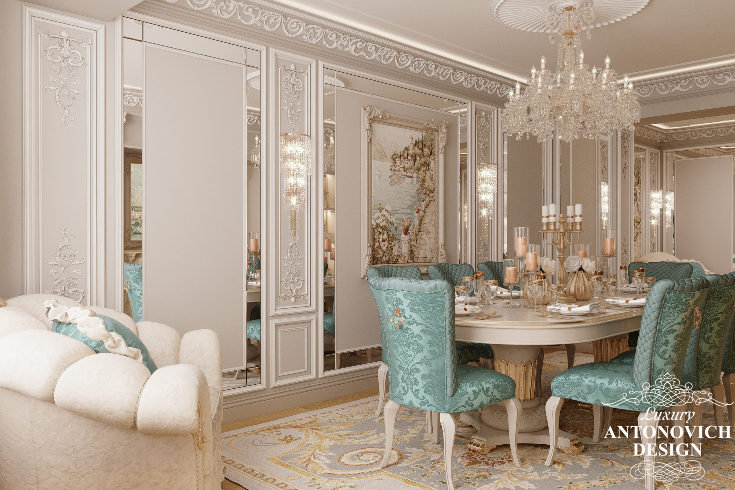 Гостиная и столовая в элегантном неоклассическом стиле с бархатным текстилем и изумительным декором в авторском дизайнерском проекте элитной квартиры