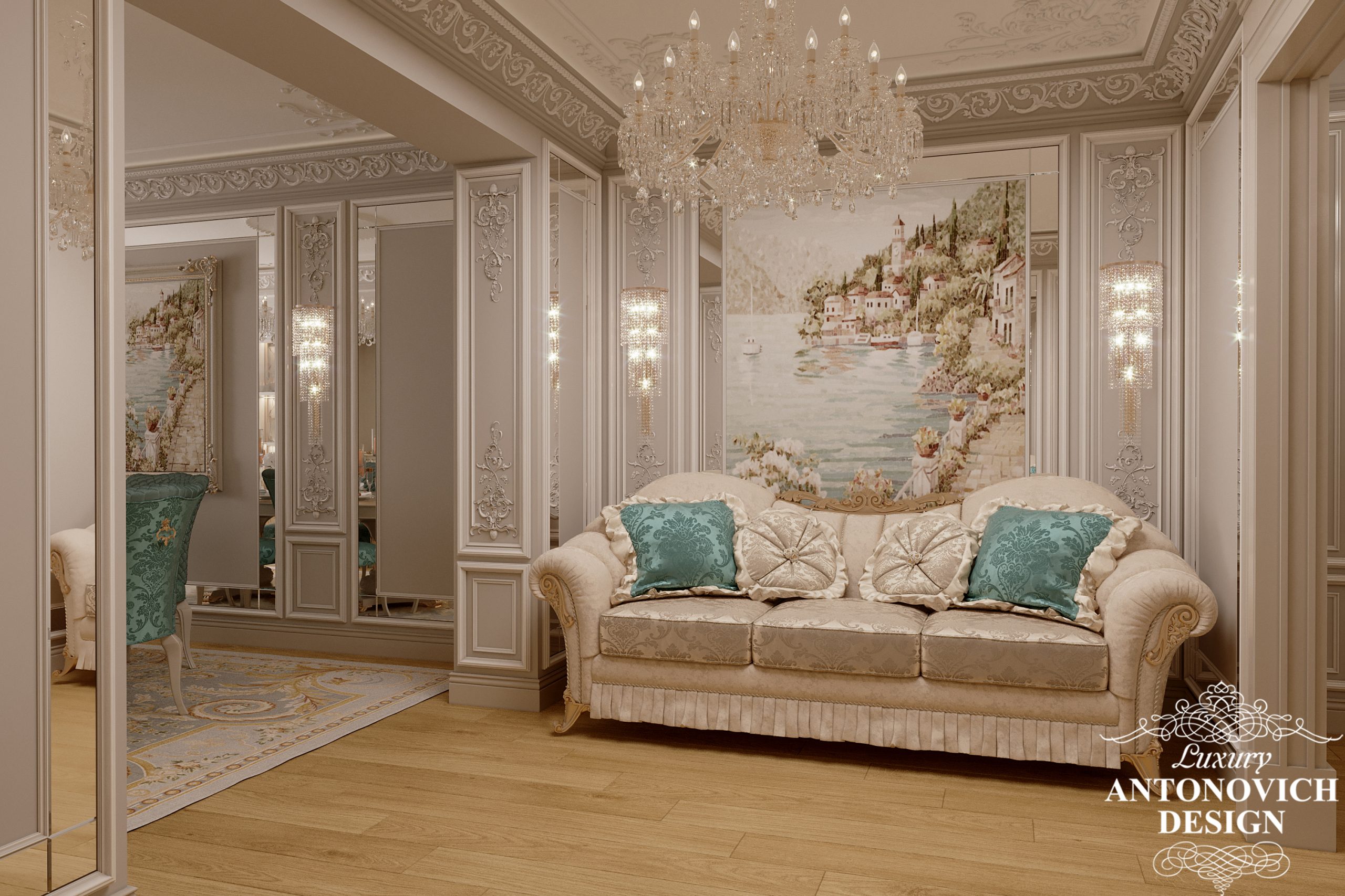 Итальянская роскошная мебель с мягкими подушками с бирюзовыми акцентами в интерьере изящной гостиной в неоклассическом стиле