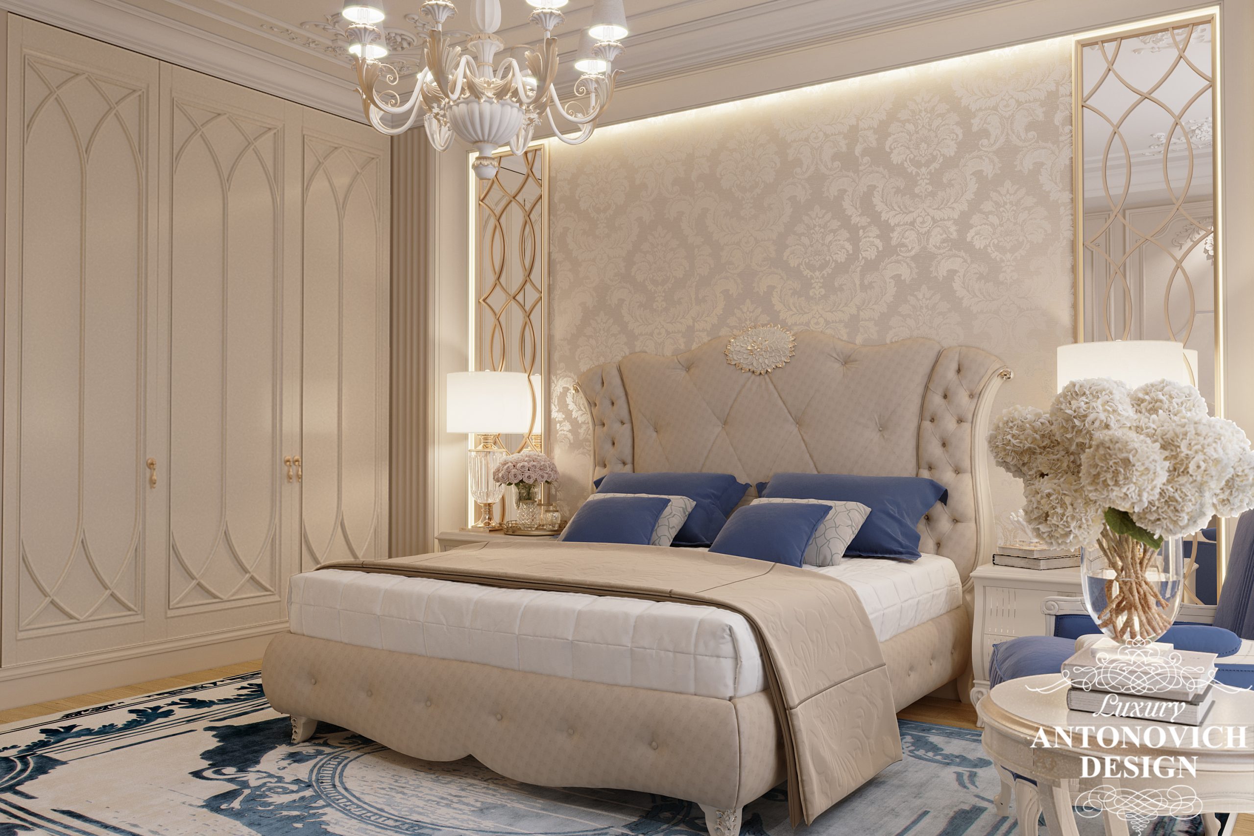 Дамасский настенный узор в интерьере роскошной хозяйской спальни в неоклассическом стиле