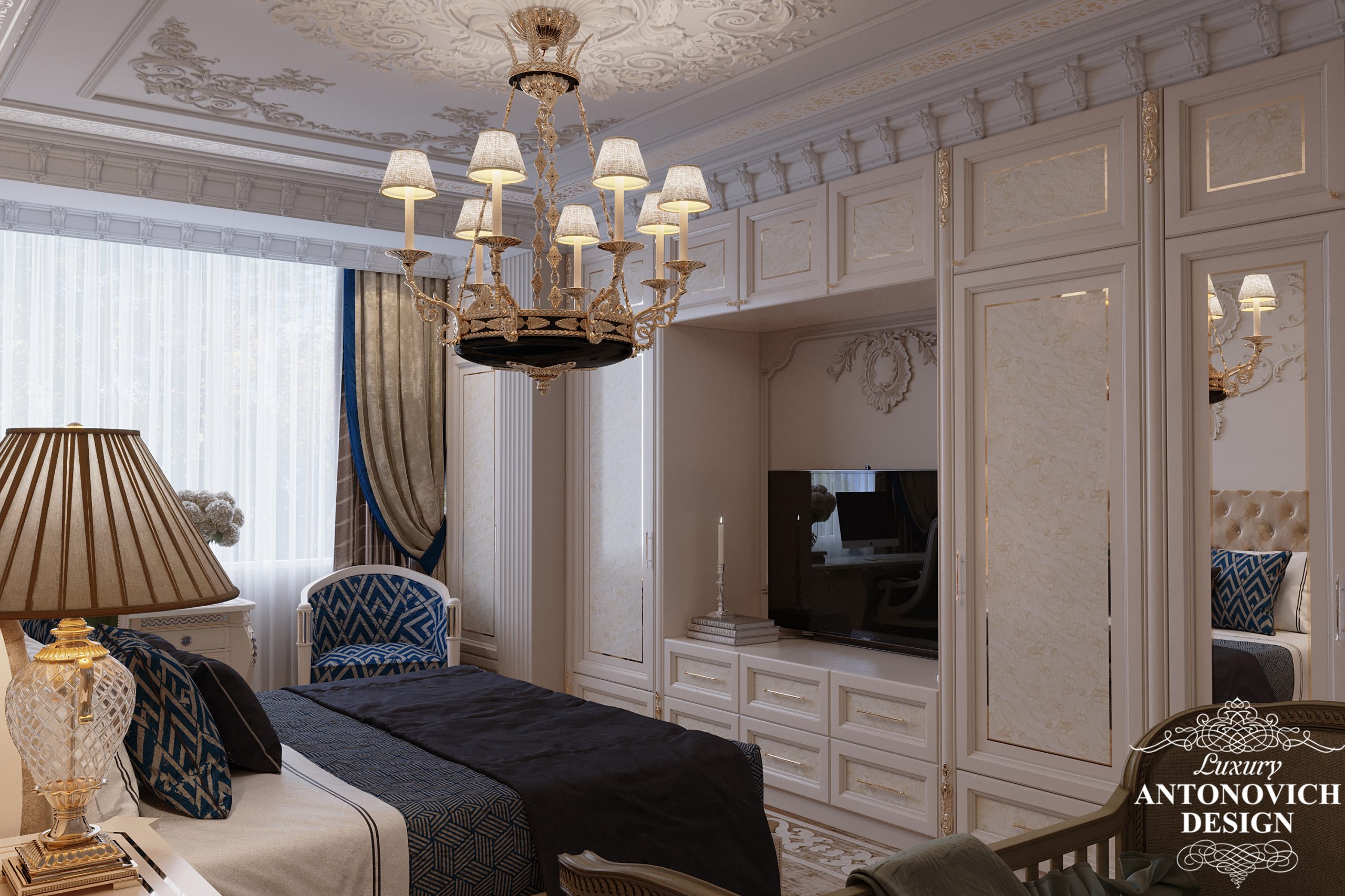 Естетична ліпна розетка і дорога корпусні меблі в інтер'єрі гостьової спальні в проекті помпезною квартири в стилі нової класики