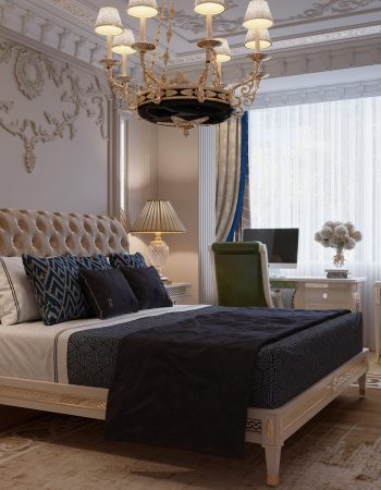 Изящный акцентный темный декор и роскошный бархатный текстиль в интерьере элитной гостевой спальни