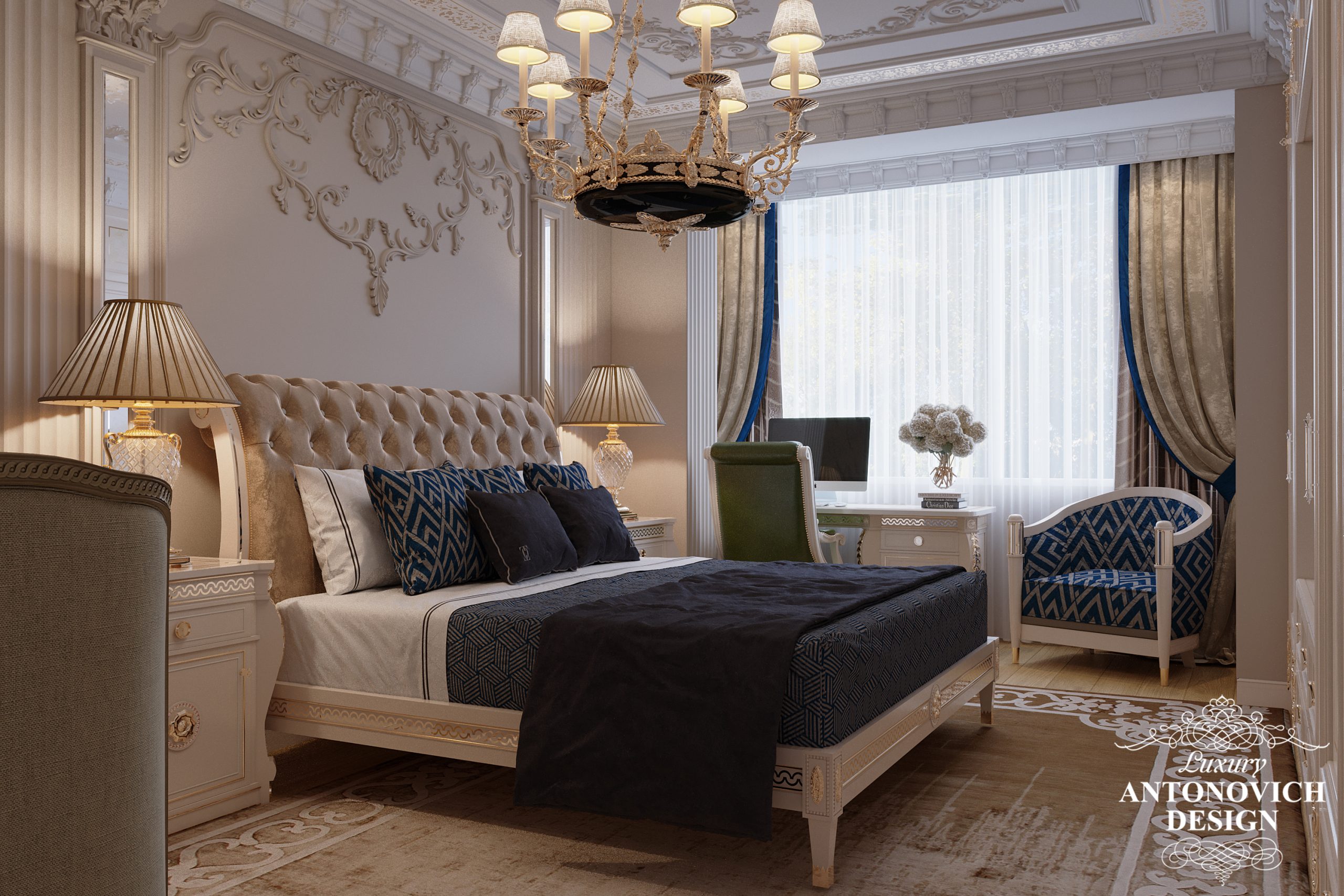 Изящный акцентный темный декор и роскошный бархатный текстиль в интерьере элитной гостевой спальни