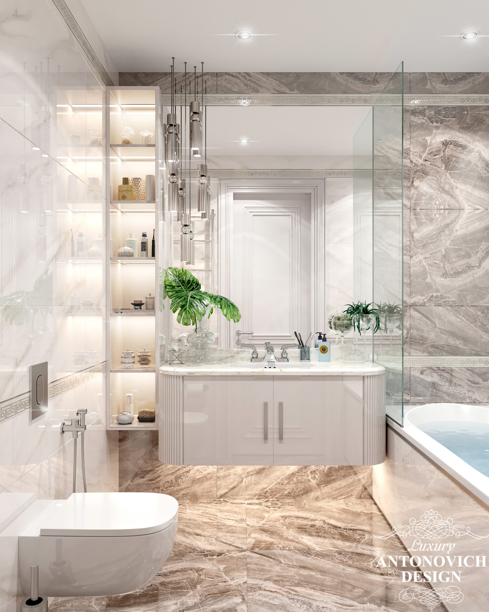Итальянский мрамор и стильный современный декор в интерьере ванной комнаты