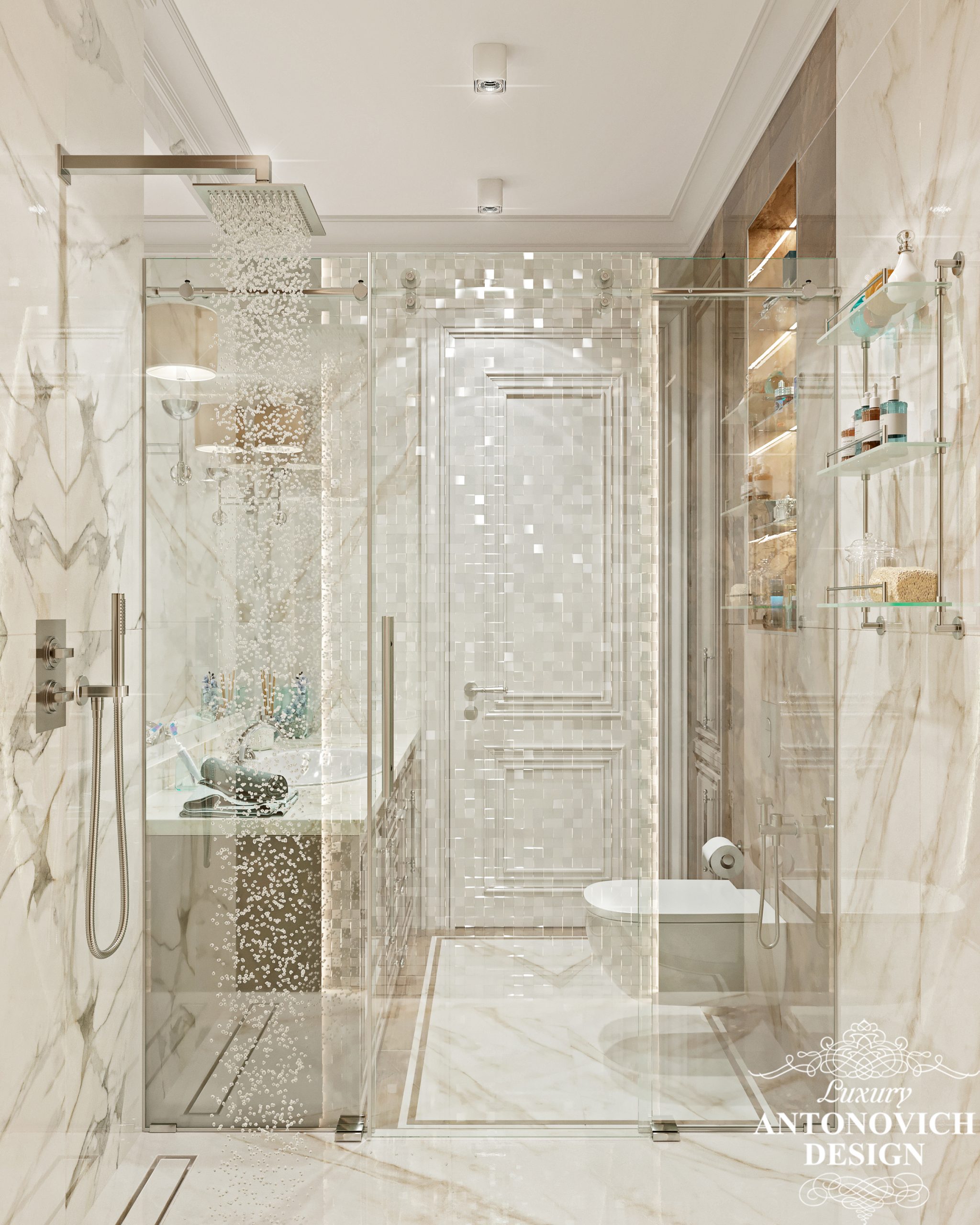 Світла душова зона зі срібною мозаїкою і італійським кремовим мармуром в авторському проекті дизайну квартири
