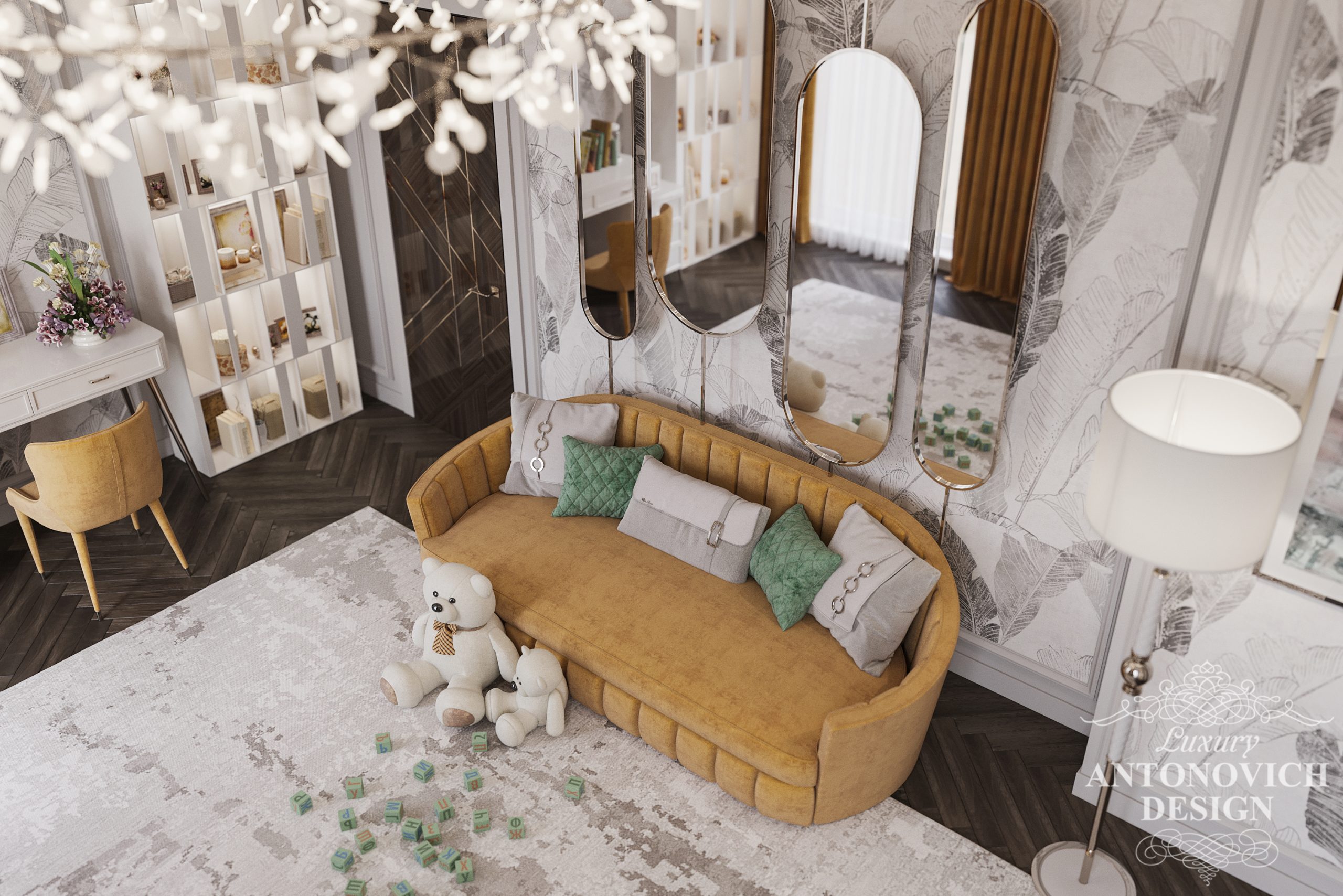 Італійські м'які меблі з насиченими акцентами охри і сіро-зелених кольорів в авторському дизайні ігрової кімнати