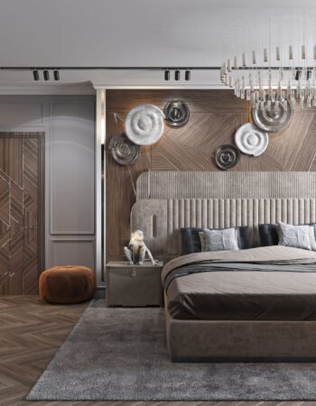 Кровать с роскошным мягким изголовьем из итальянского мебельного дома в проекте стильной спальни для подростка