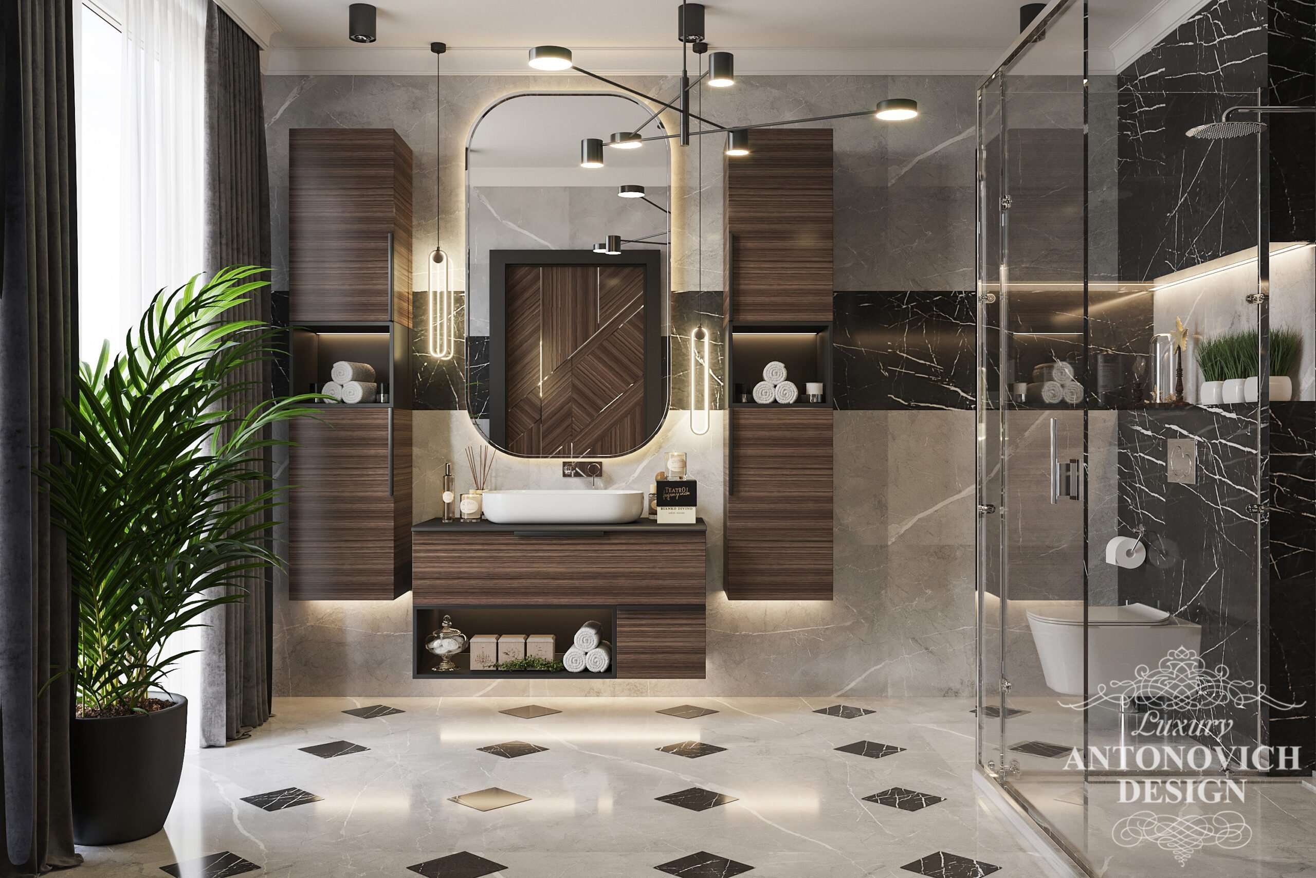 Стильный проект мужской ванной в дизайне частного дома