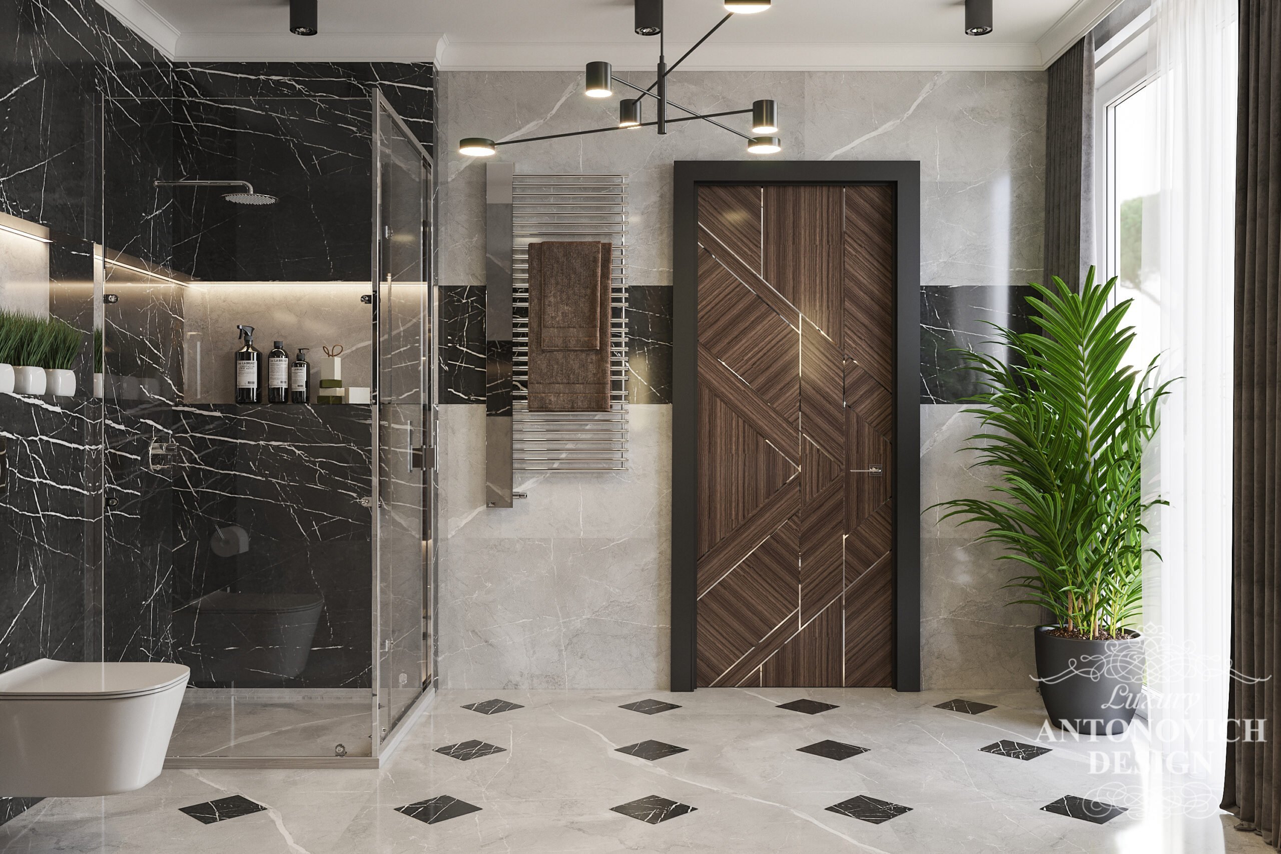 Шпонированные панели с латунными вставками и дизайнерским светильниками в дизайне ванной