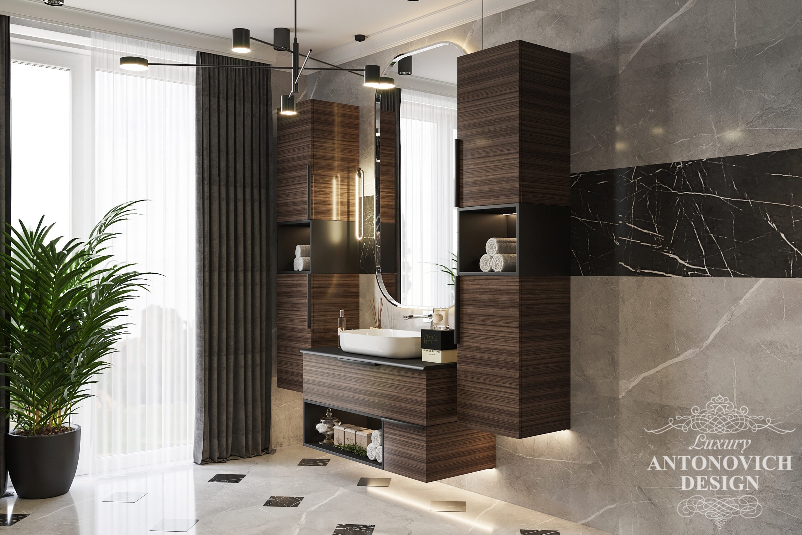 Стильное прямоугольное зеркало в дизайнерском проекте ванной комнаты в дизайнерском проекте дома