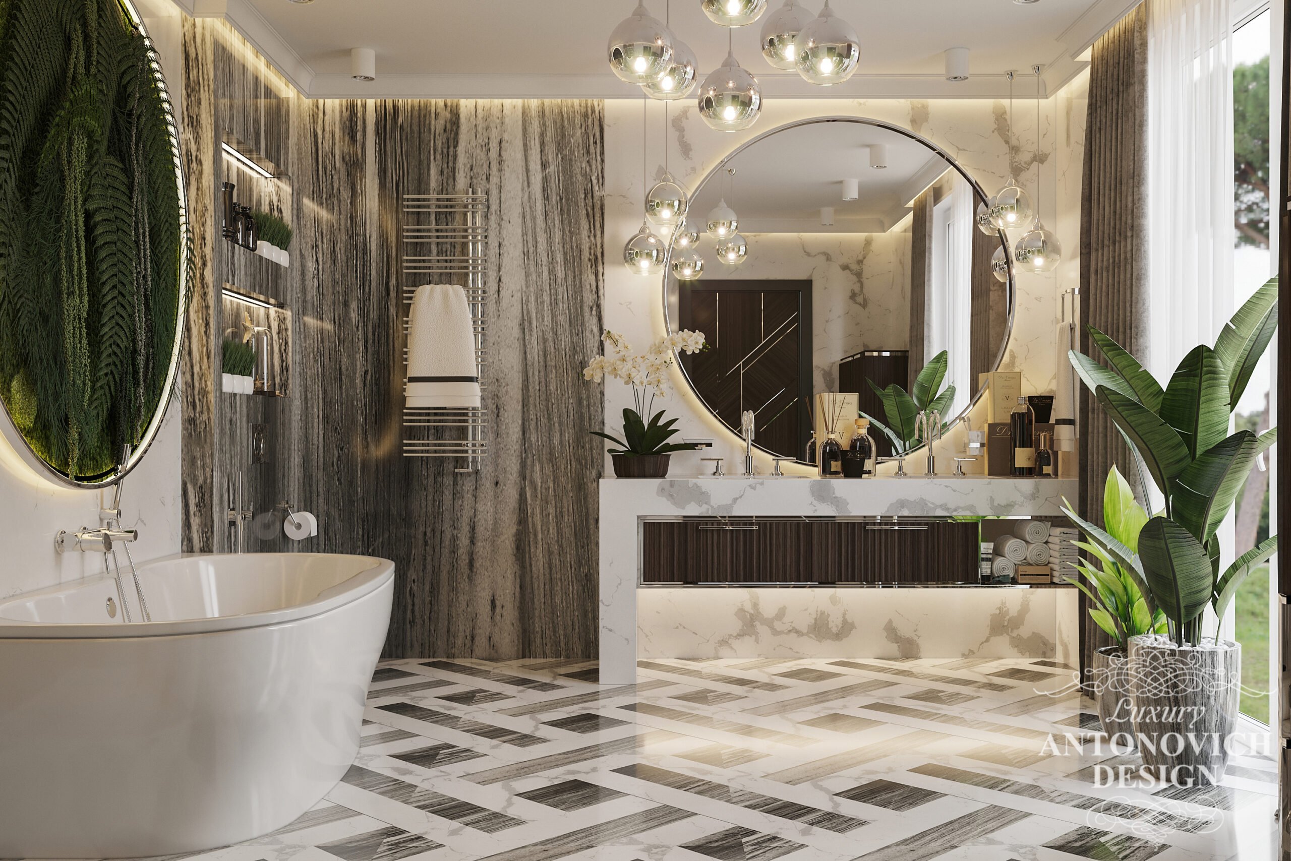 Дизайн розкішної хазяйської ванни в природних відтінках і натуральними матеріалами