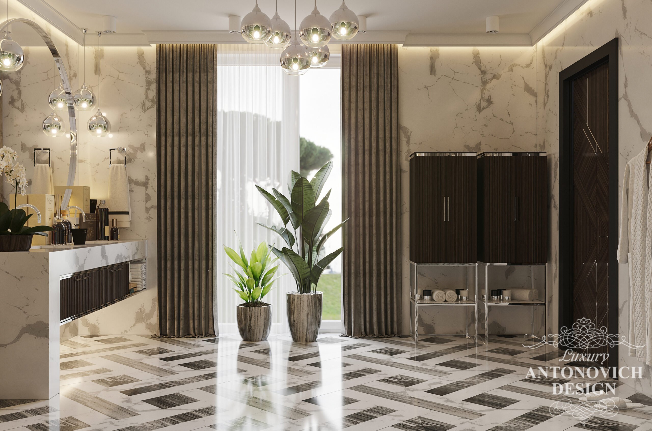 Натуральный мрамор драгоценных итальянских пород в авторском дизайне ванной комнаты