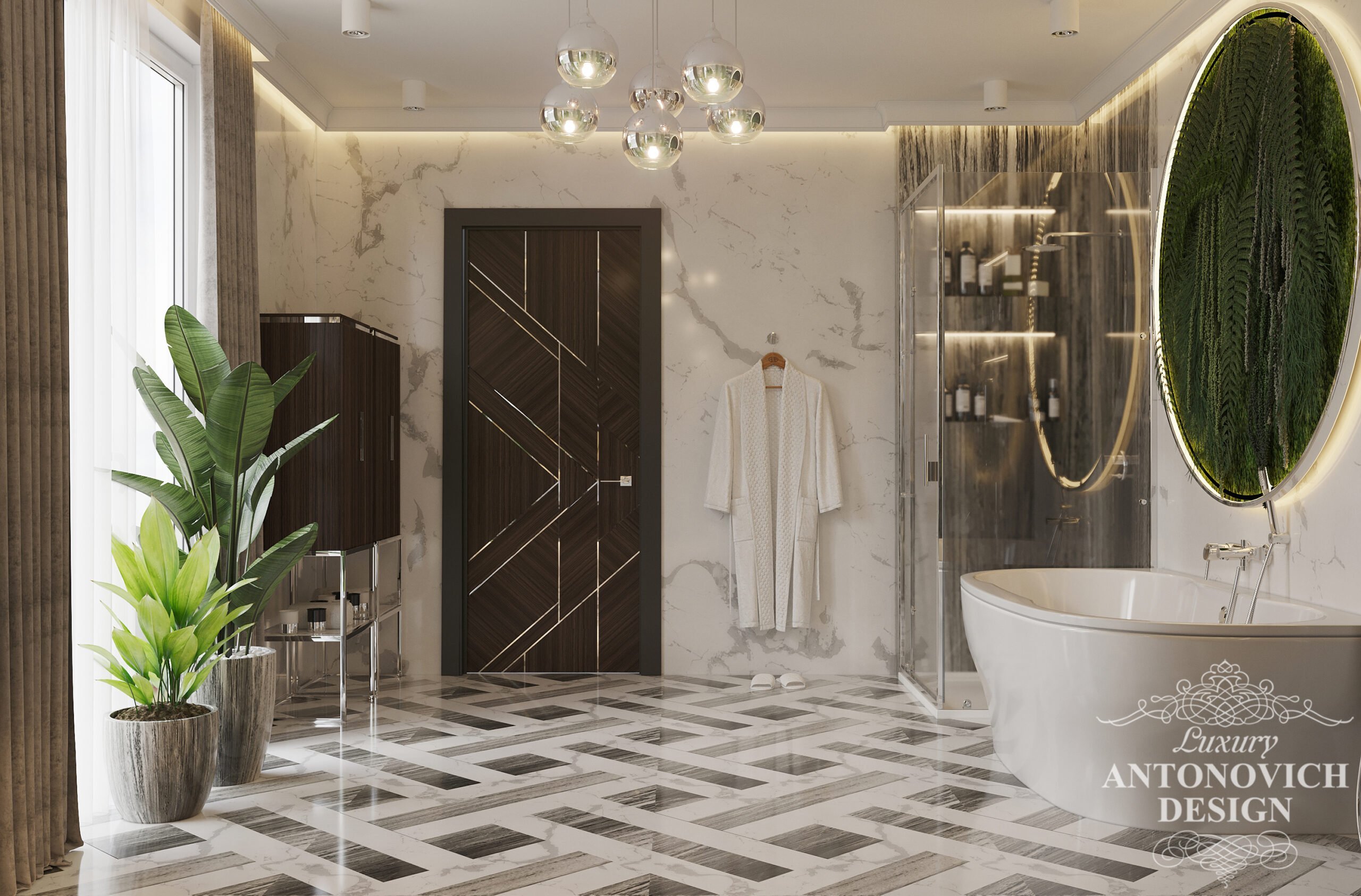 Стильное освещение и шпонированные панели с латунью в дизайне ванной комнаты