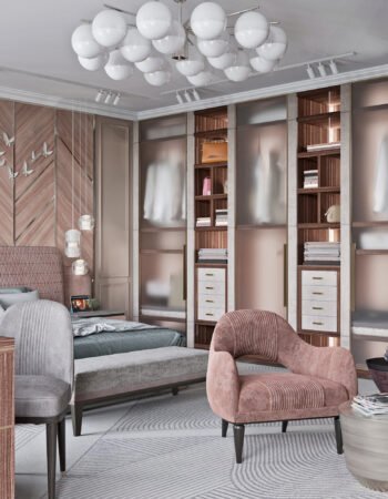 Дизайн спальни для молодой девушки с роскошной мягкой мебелью из лучших мировых коллекций и стильным декором