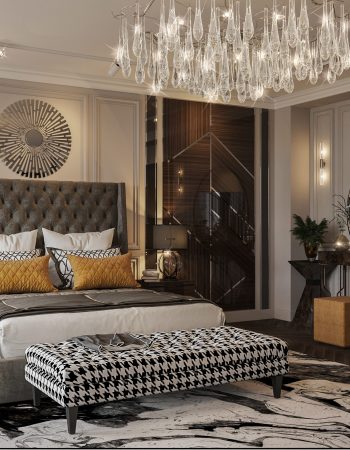 Яркий акцентный декор в стиле ар-декор в авторском дизайне дорогой дизайнерской спальни