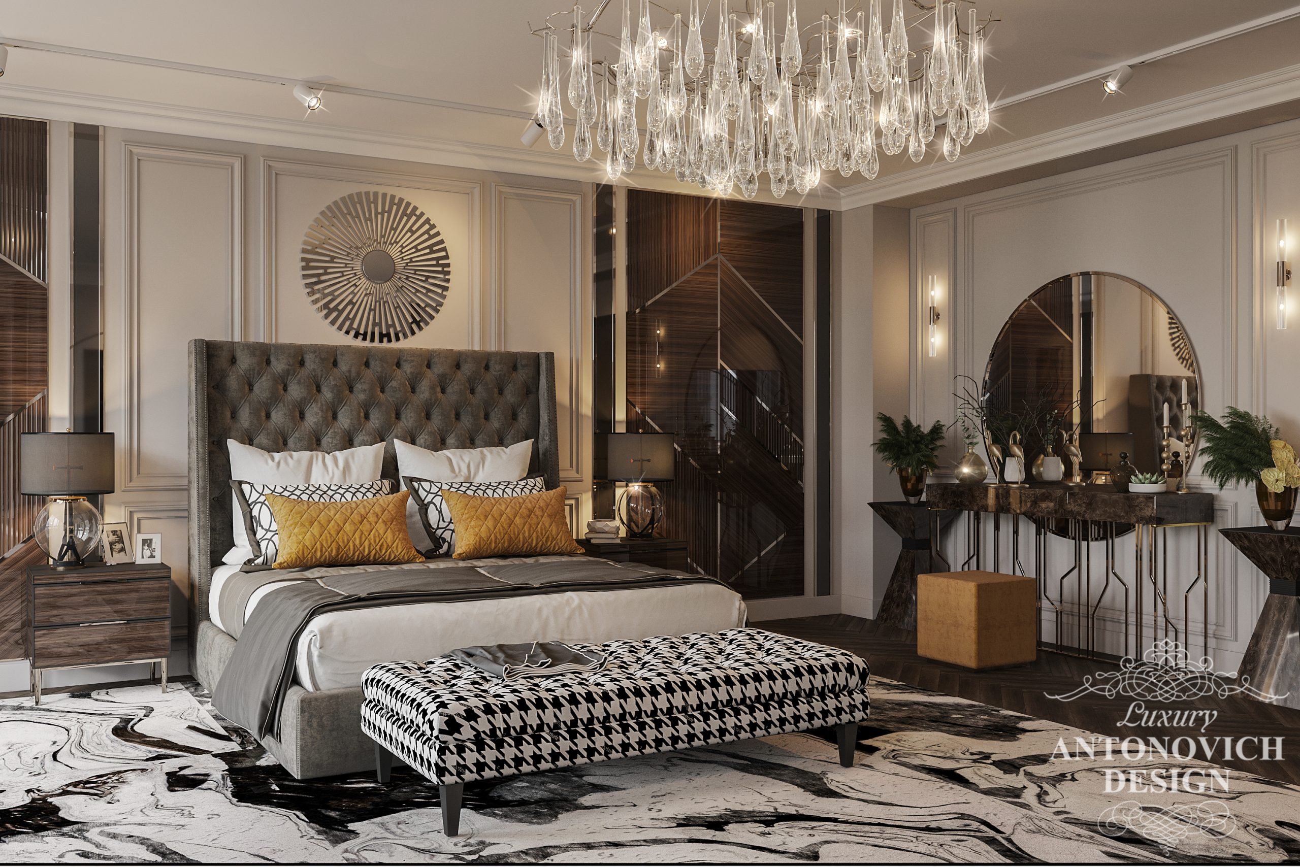 Яркий акцентный декор в стиле ар-декор в авторском дизайне дорогой дизайнерской спальни