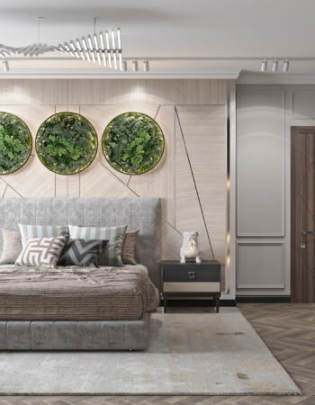 Оригинальный декор из живых растений над изголовьем кровати в проекте стильной спальни в проекте дома