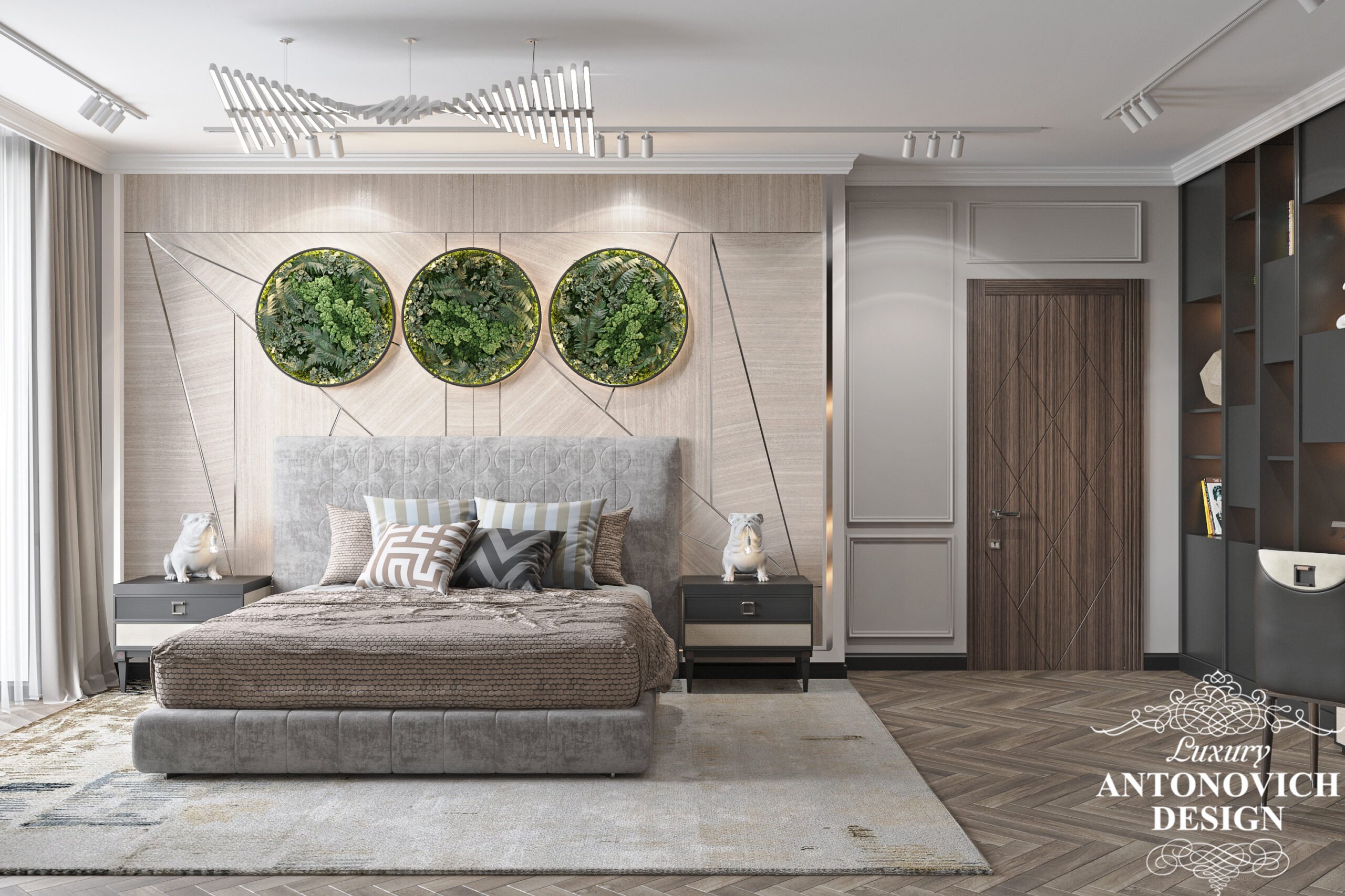 Оригинальный декор из живых растений над изголовьем кровати в проекте стильной спальни в проекте дома