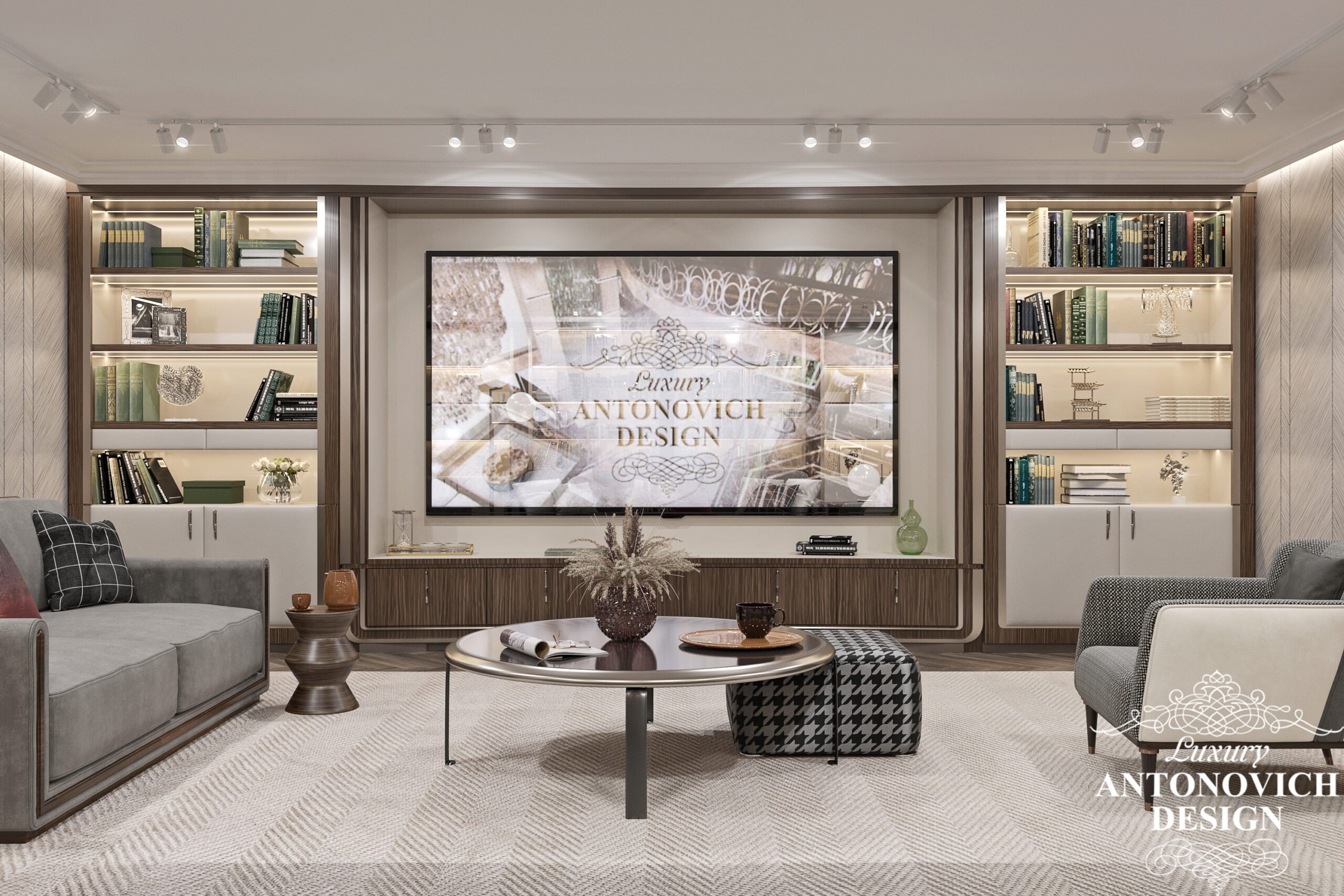 Комфортная ТВ-зона с большим телевизором и мягкой удобной мебелью в проекте комнаты отдыха в частном доме