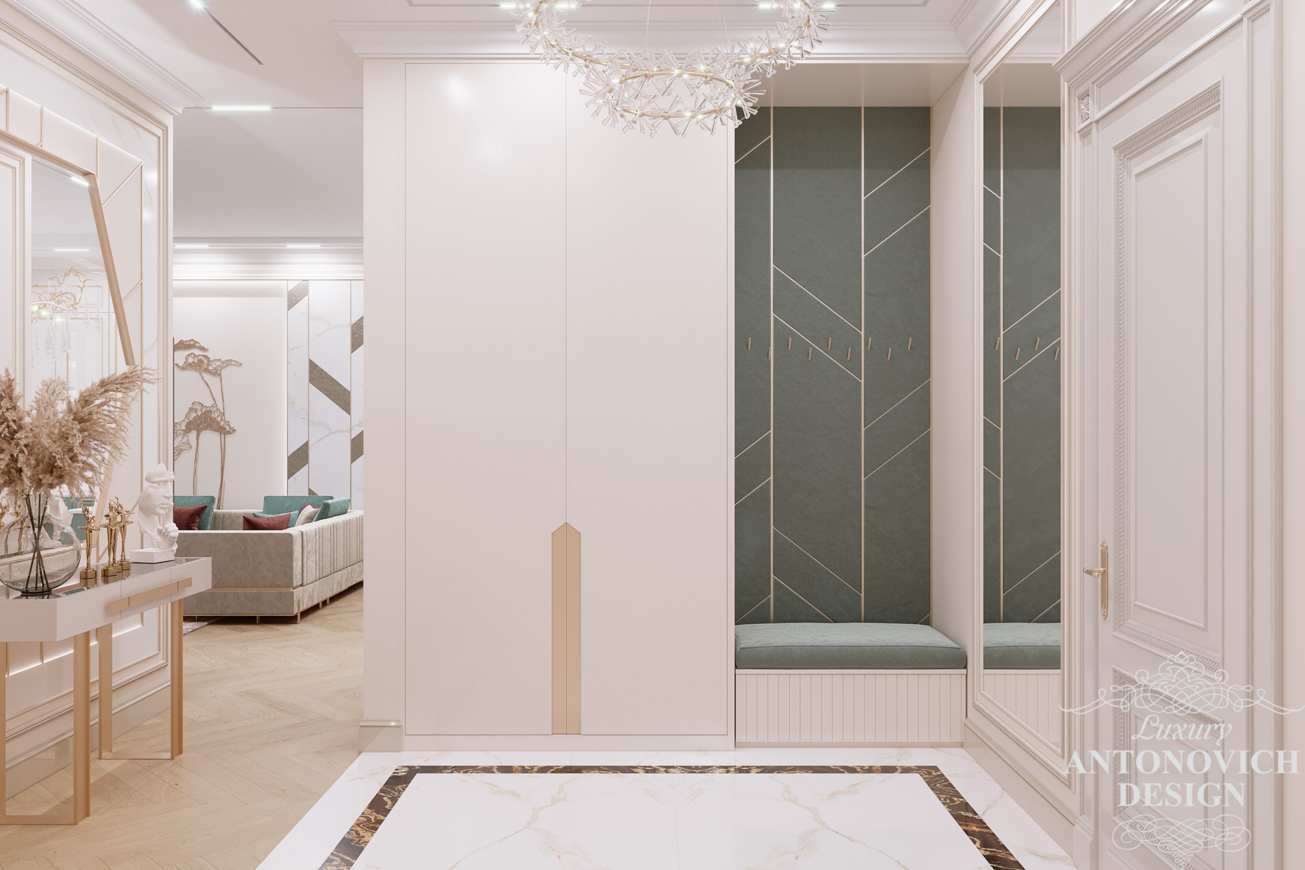 Дизайн коридора с малахитовой мягкой обивкой мебели и мраморным напольным покрытием в дизайнерском проекте квартиры