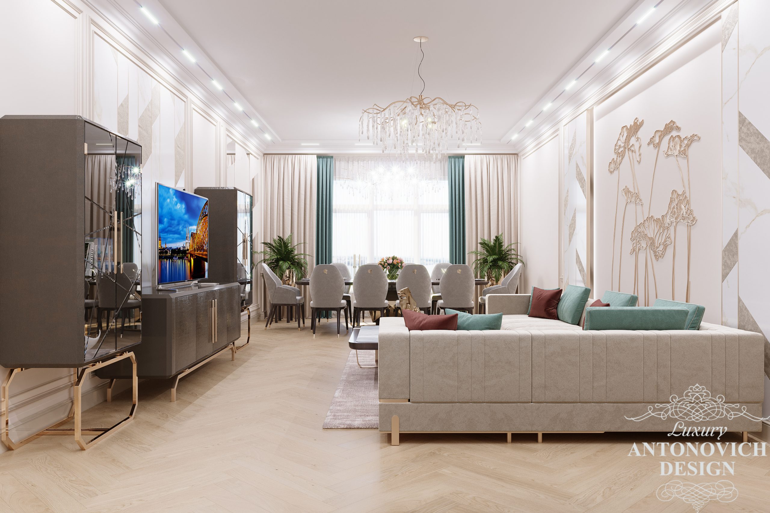 Простора вітальня в світлих благородних відтінках з дизайнерськими меблями в проекті будинку
