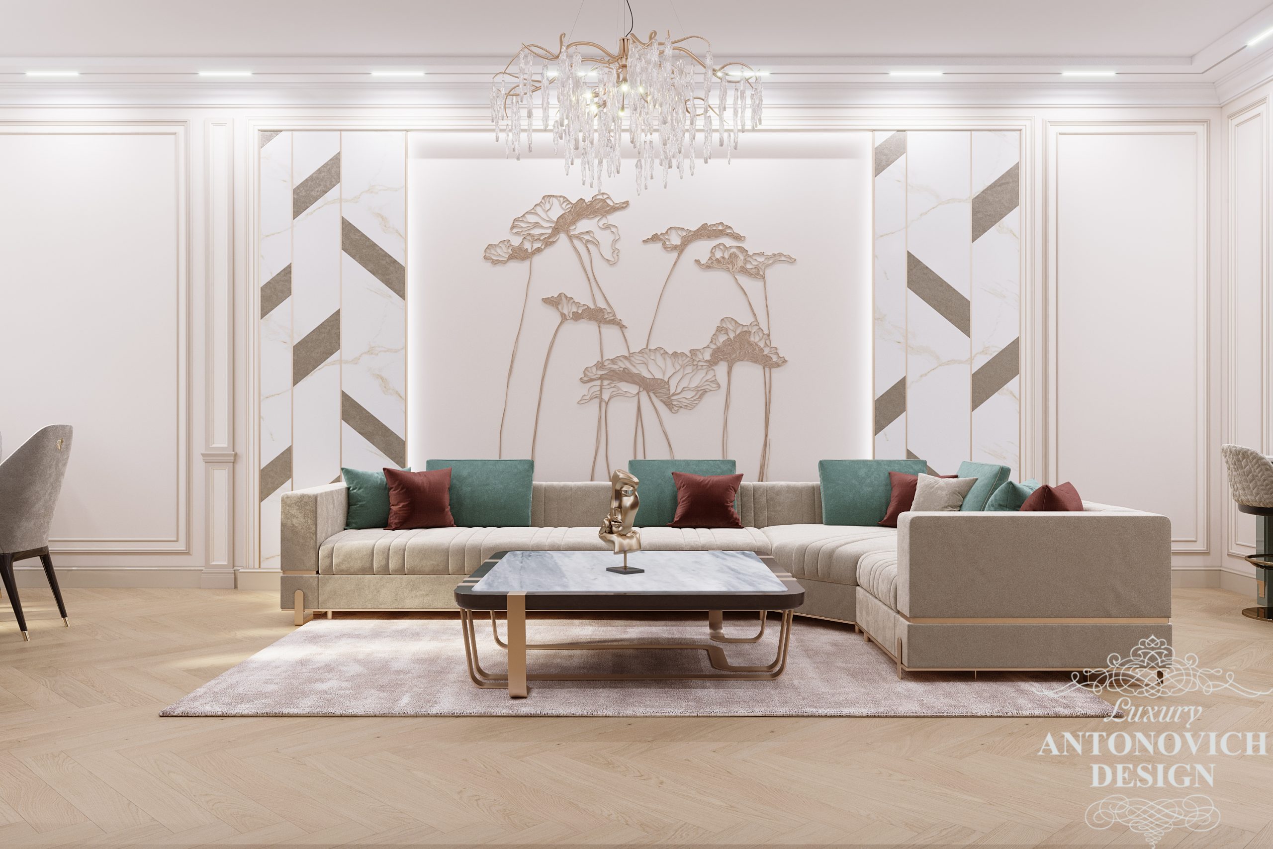 Комфортный мягкий диван консоль и стеновое панно из латуни в интерьере современной гостиной в стиле неоклассике