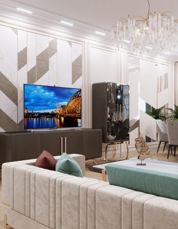 Комфортная ТВ-зона с современной стереосистемой и акустикой в дизайн-проекте гостиной в авторском проекте квартиры