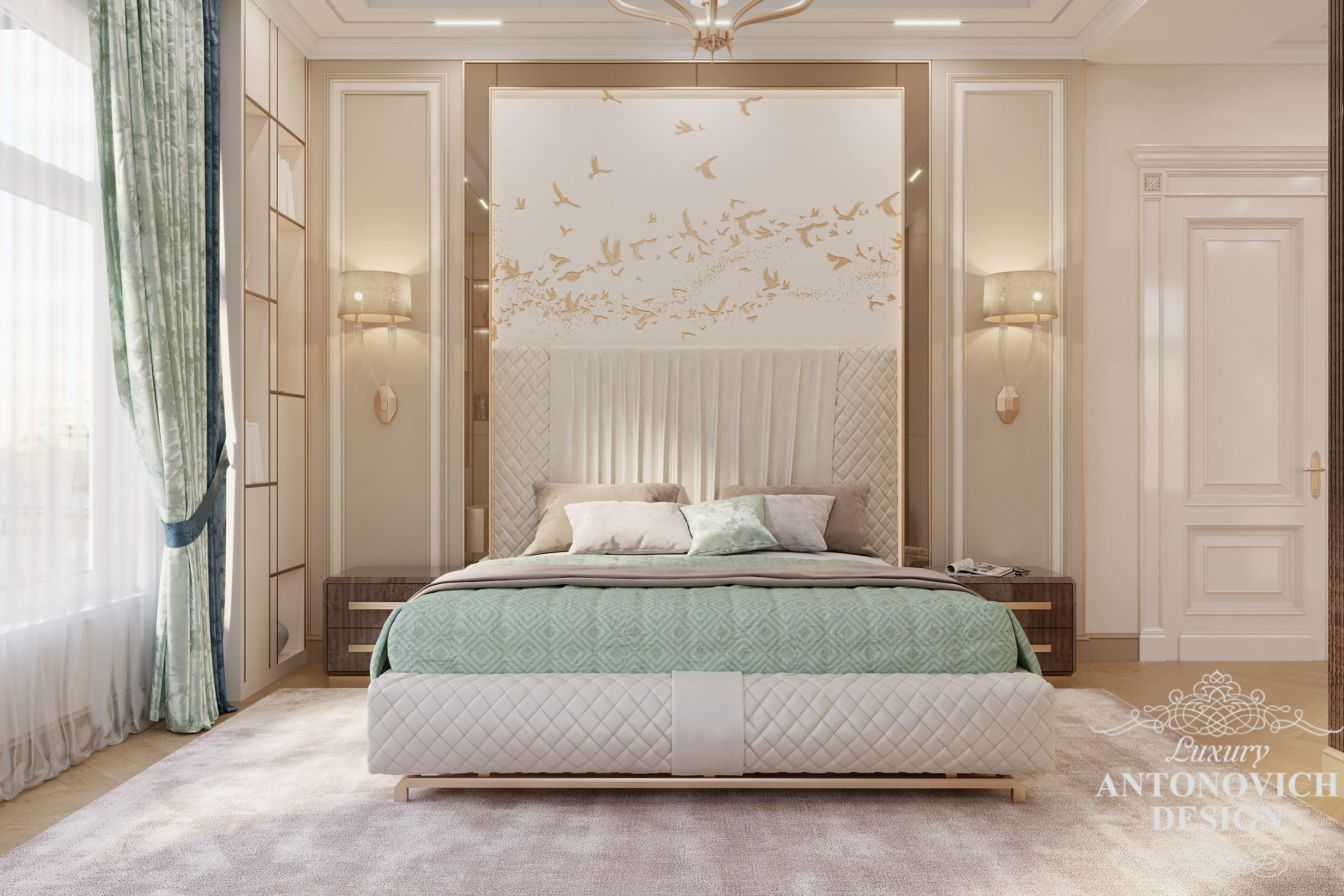Дизайн современной спальни в светлых тонах со стильным дизайнерским декором в проекте квартиры