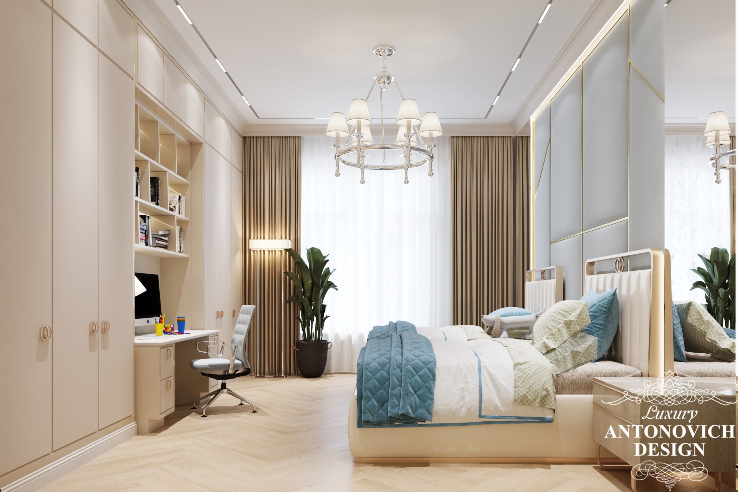 Интерьер современной спальни для подростков в светлых тонах с встроенной функциональной мебелью и стеллажами