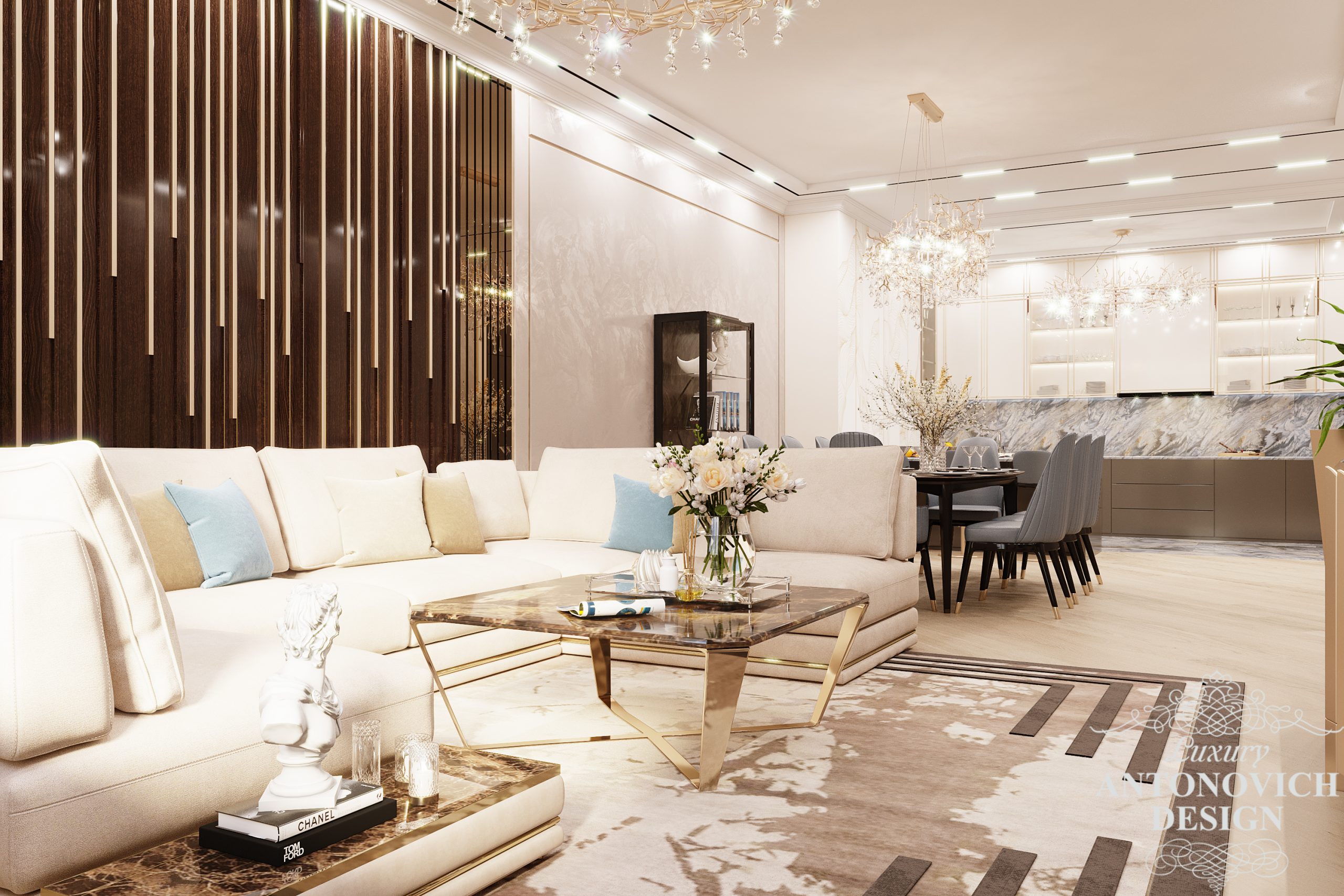 М'які меблі в теплих трендових відтінків з яскравим акцентним текстилем в дизайні вітальні