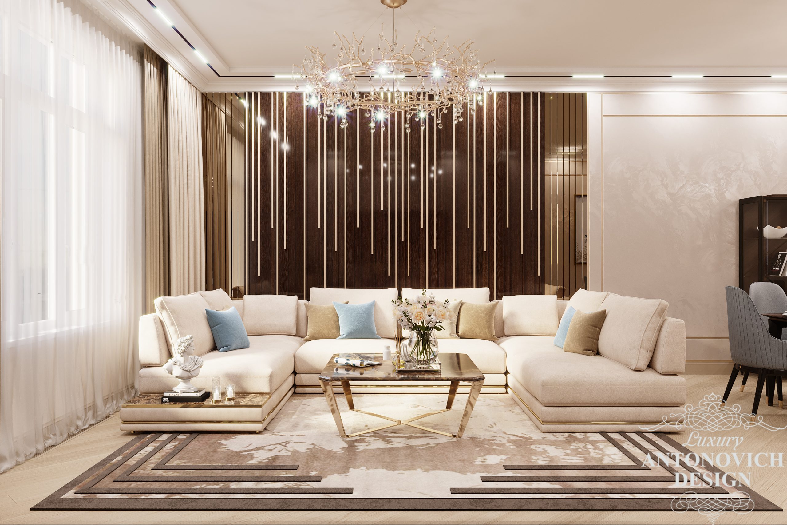 Авторский дизайн квартиры с декором из лакированного шпона и латуни в интерьере гостиной