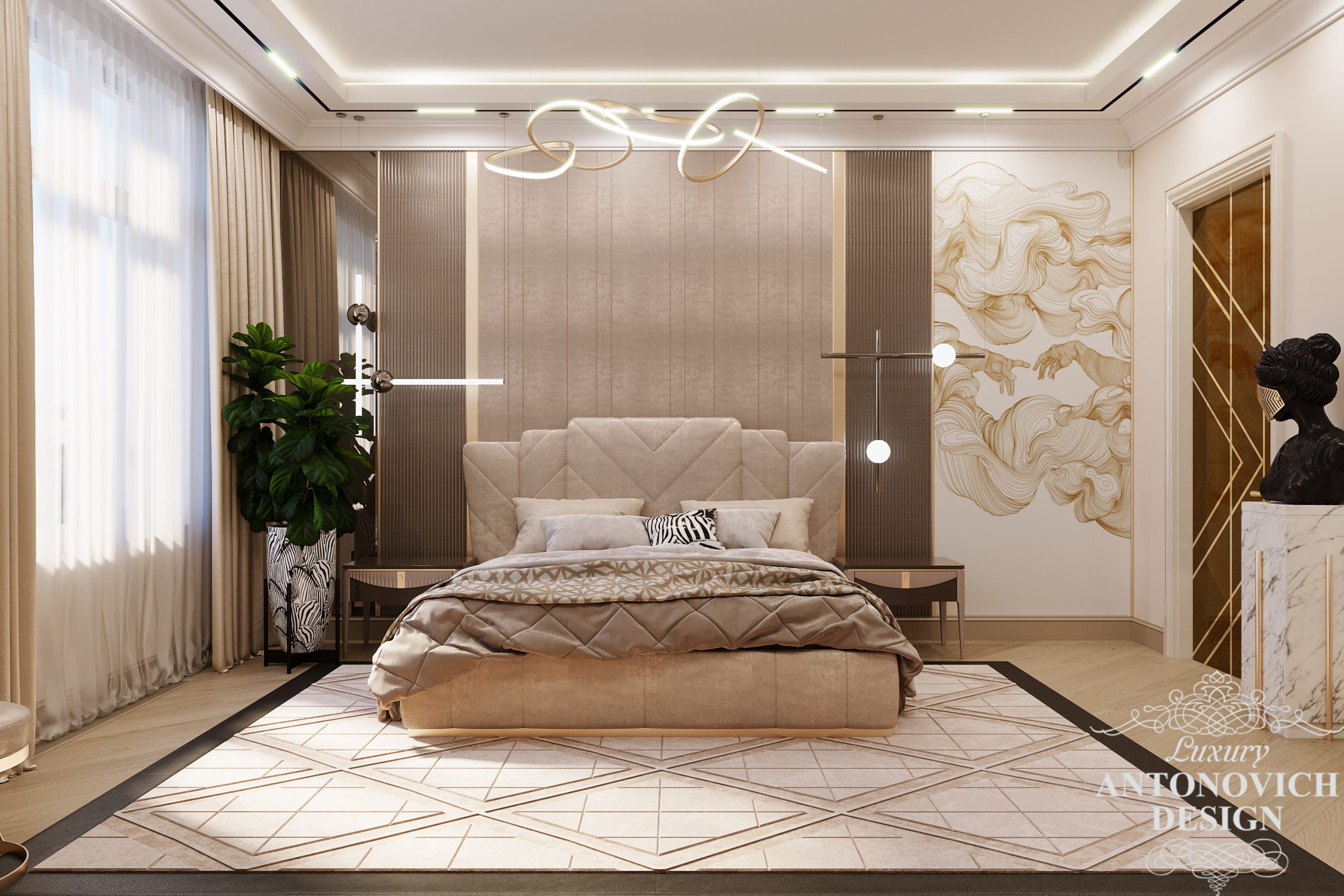 Авторський дизайн-проект майстер спальні в трендових бежевих відтінках і дорогим декором