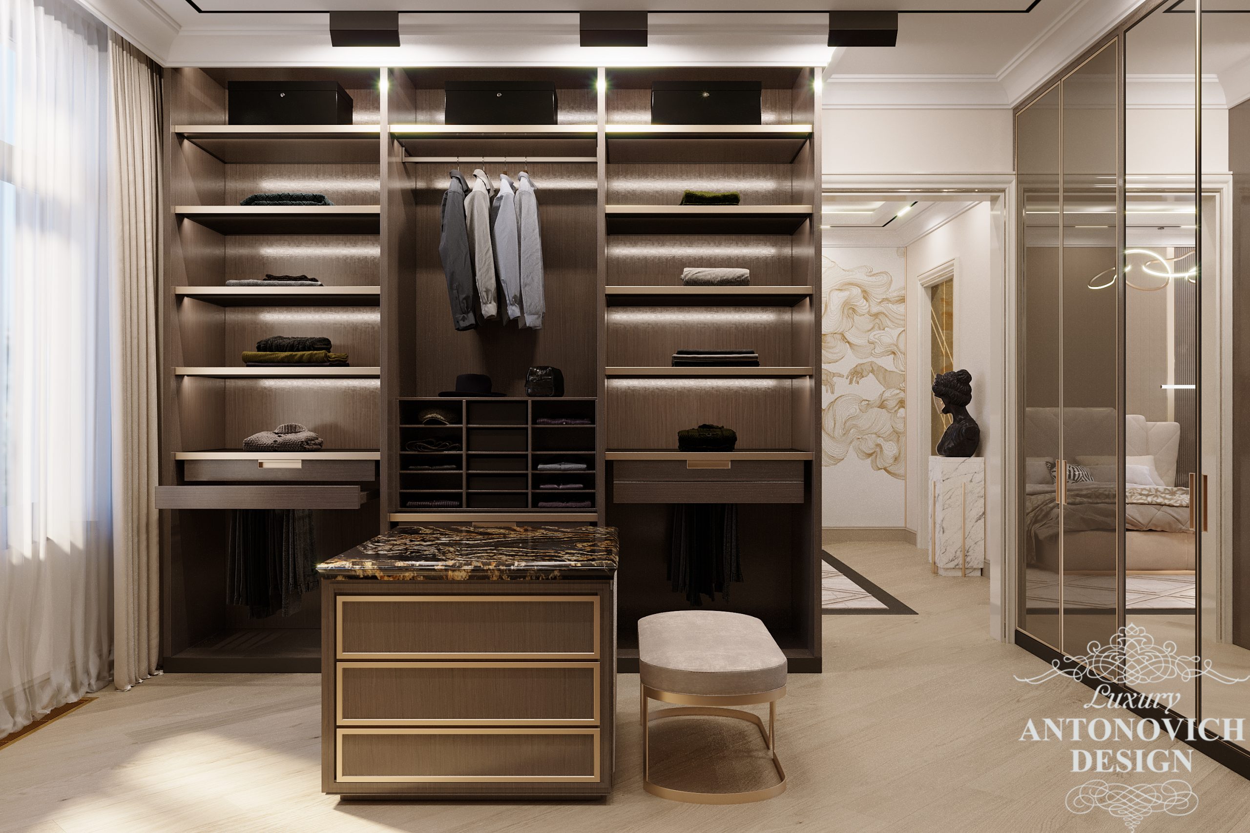 Мрамор и яркая подсветка в дизайн-проекте гардероба в интерьере просторной квартиры