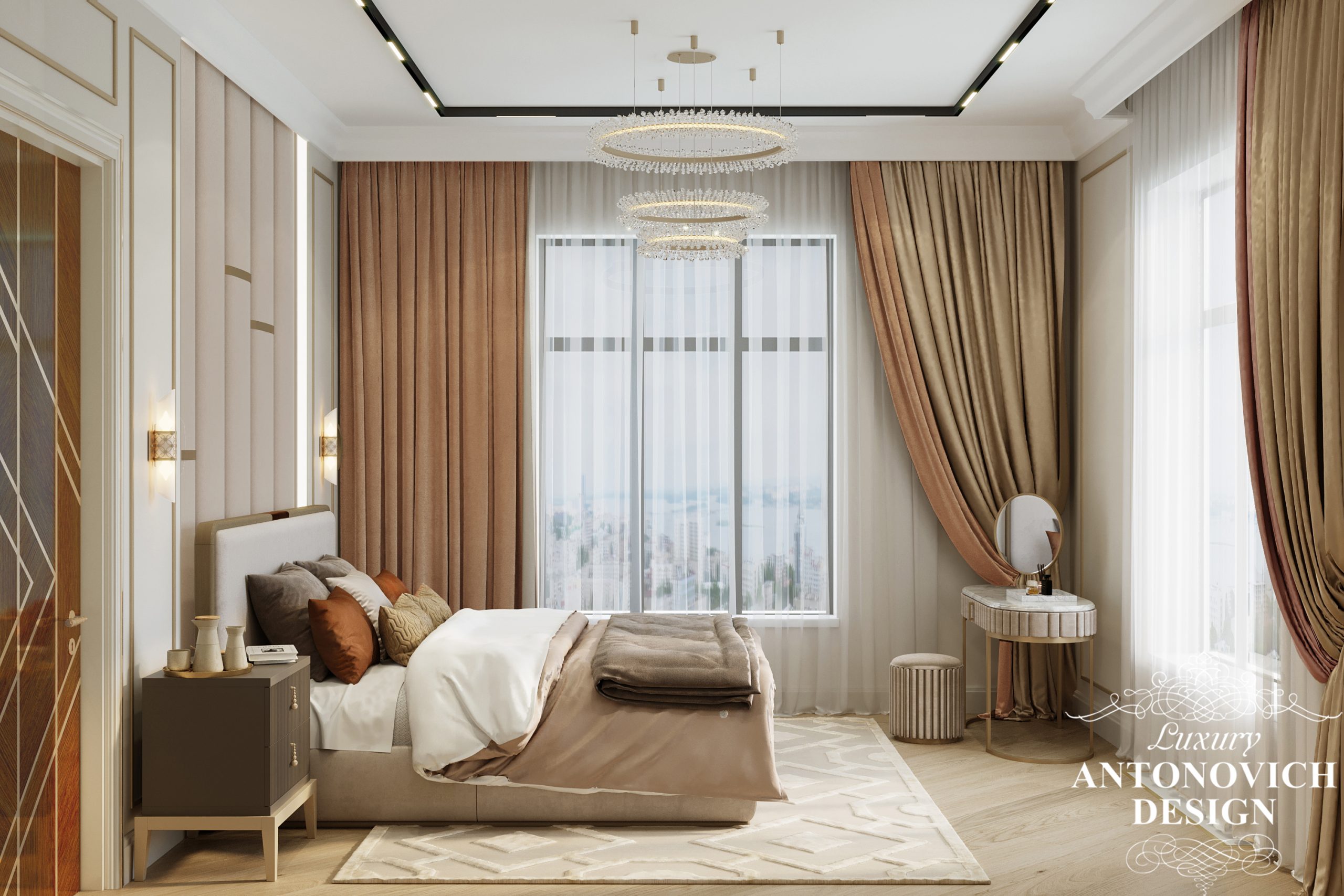 Акцентные терракотовые теплые оттенки и элитные светильники из латунь и мрамора в интерьере гостевой спальни