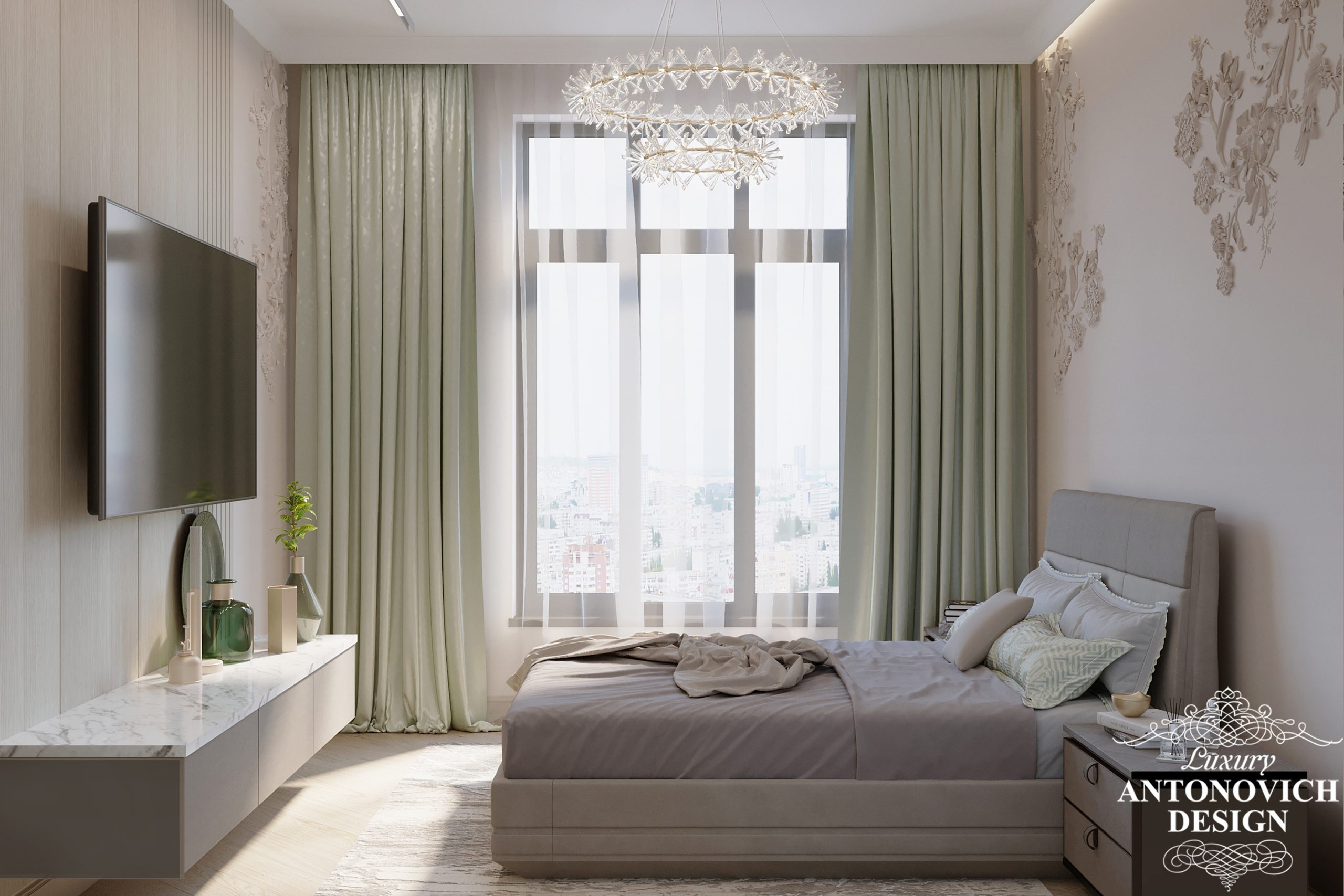 Світлі відтінки і мармурова обробка в інтер'єрі гостьової спальні в квартирі класу люкс