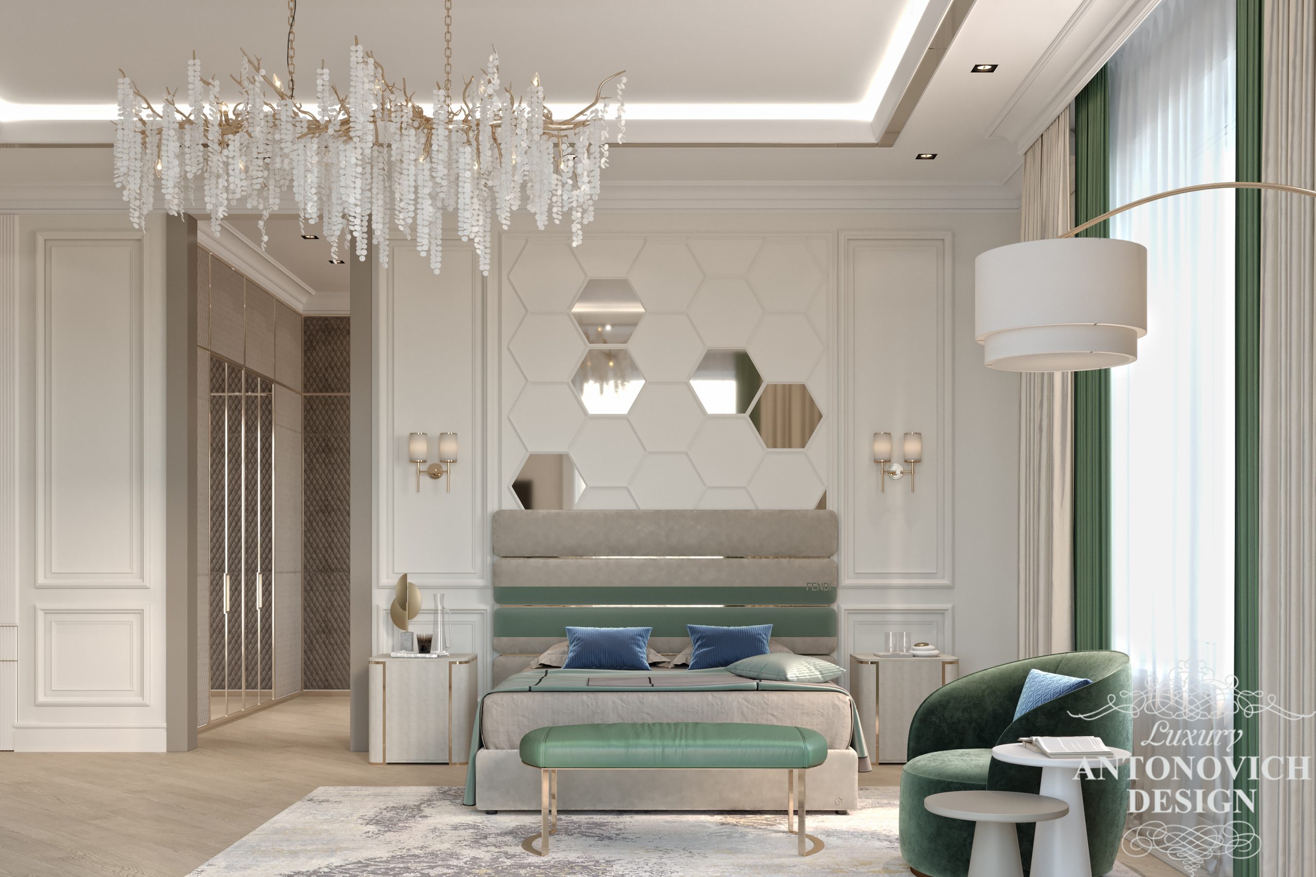 Элитный дизайн хозяйской спальни в светлых тонах с яркими акцентами в интерьере