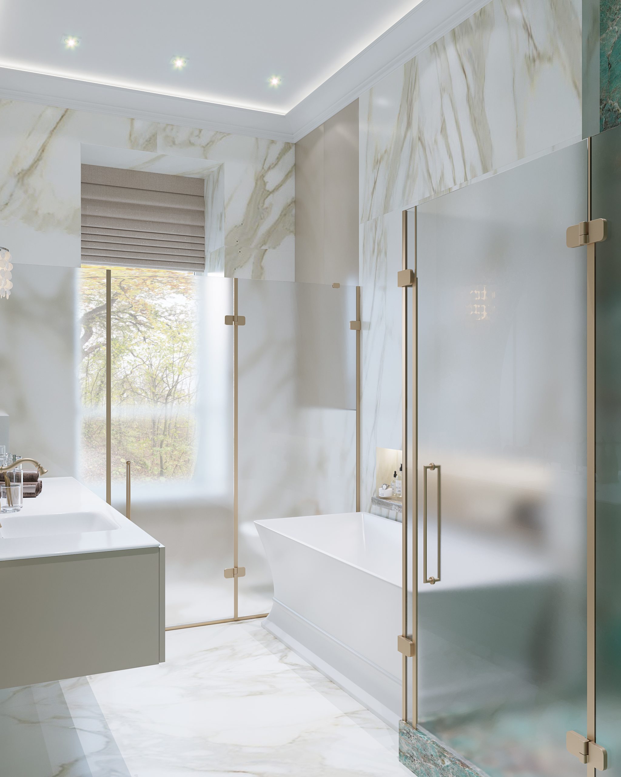 Мармур і керамограніт в світлих тонах в дизайн-проект ванної кімнати в елітній квартирі