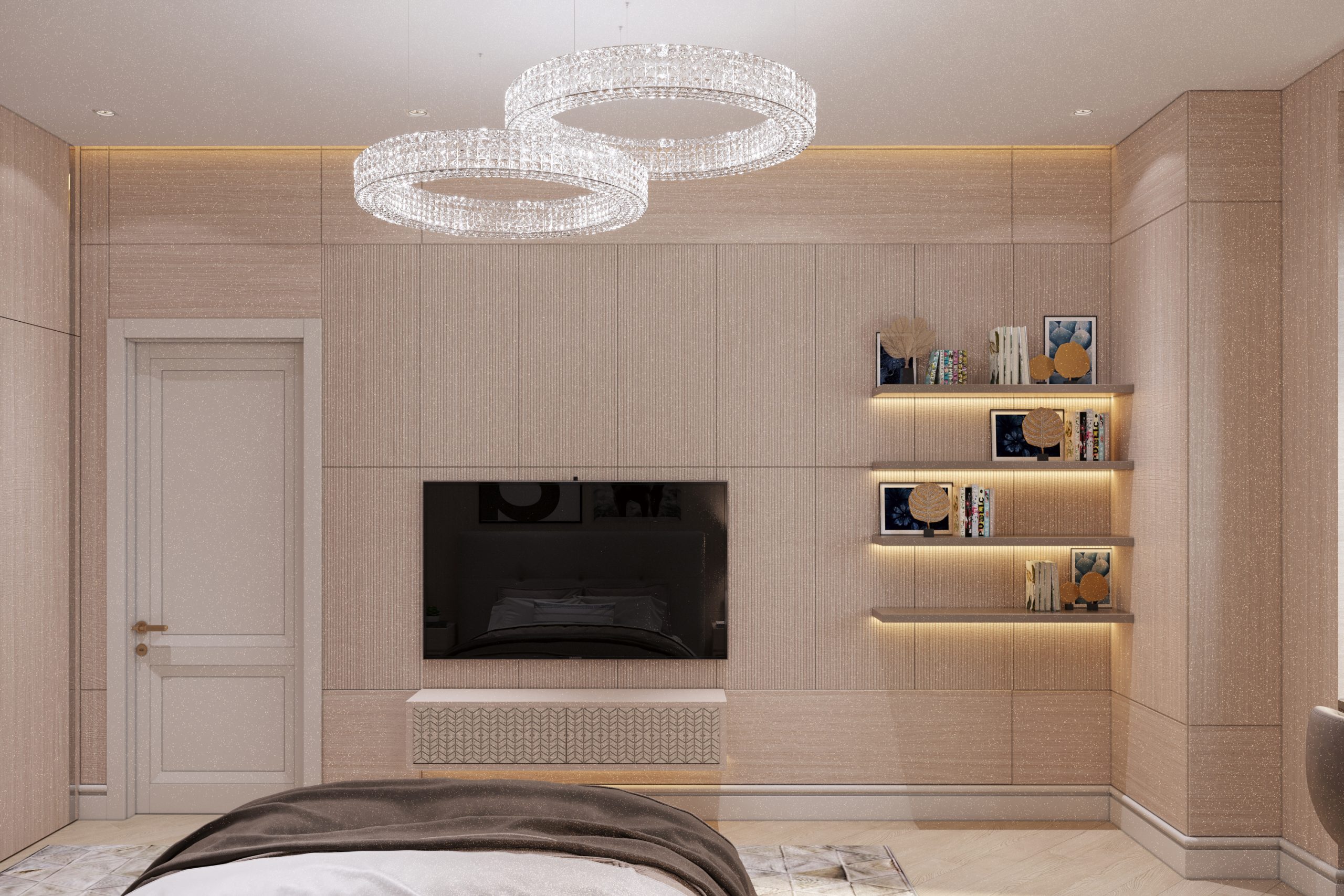 Кільцеві кришталеві люстри за індивідуальним замовленням в дизайнерському проекті гостьової спальні