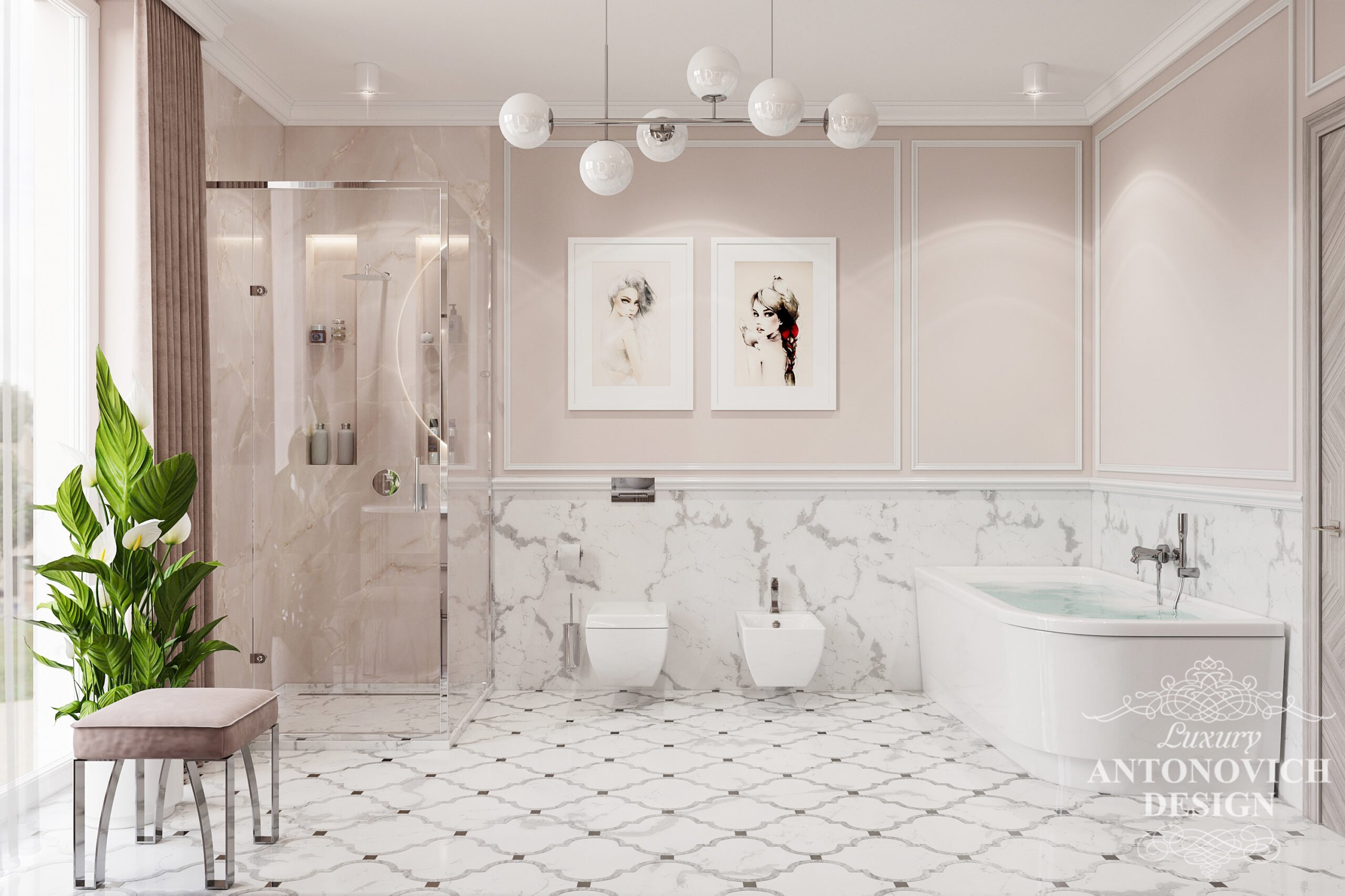 Ванная комната в бежевых оттенках и отделкой роскошных итальянских пород мрамора