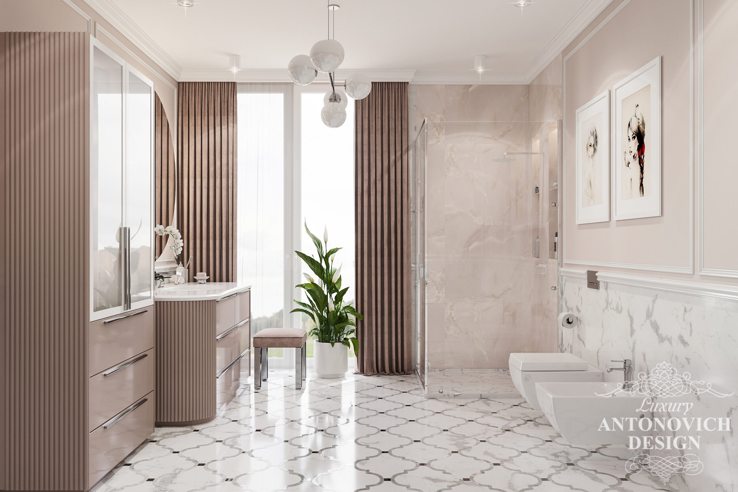 Дизайнерська сучасні меблі в проекті розкішної світлої жіночої ванній в дизайні приватного будинку