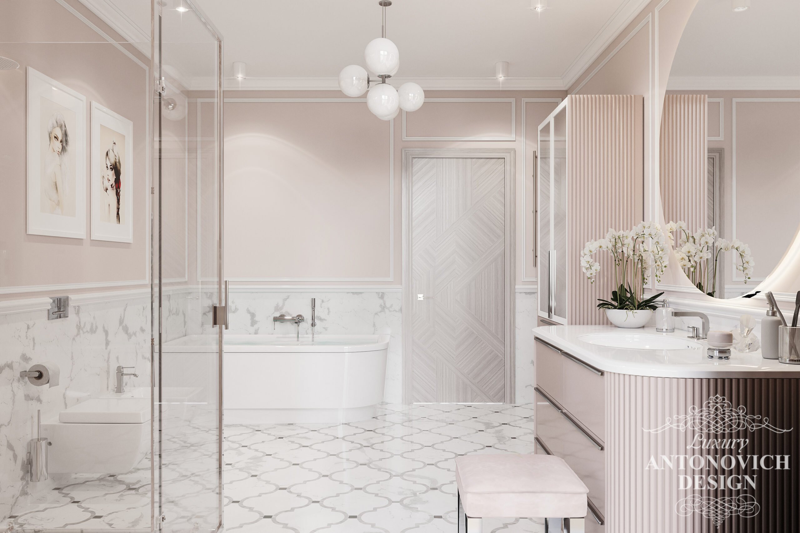 Итальянский мрамор нежно-розового оттенка с ярким освещением и утонченным декором в дизайне ванной для девушки