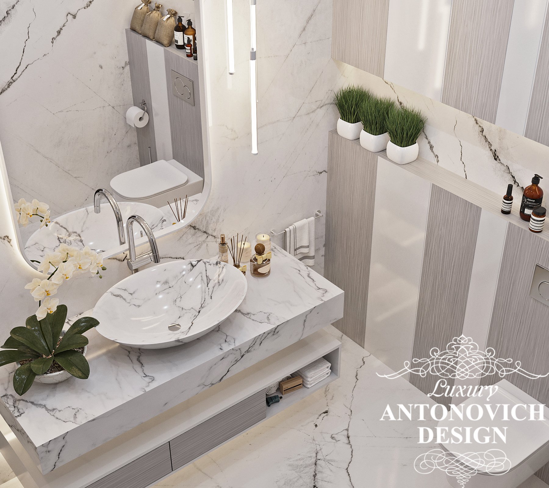 Трендовий сучасний декор в дизайн-проект гостьовій ванній в проекті приватного будинку