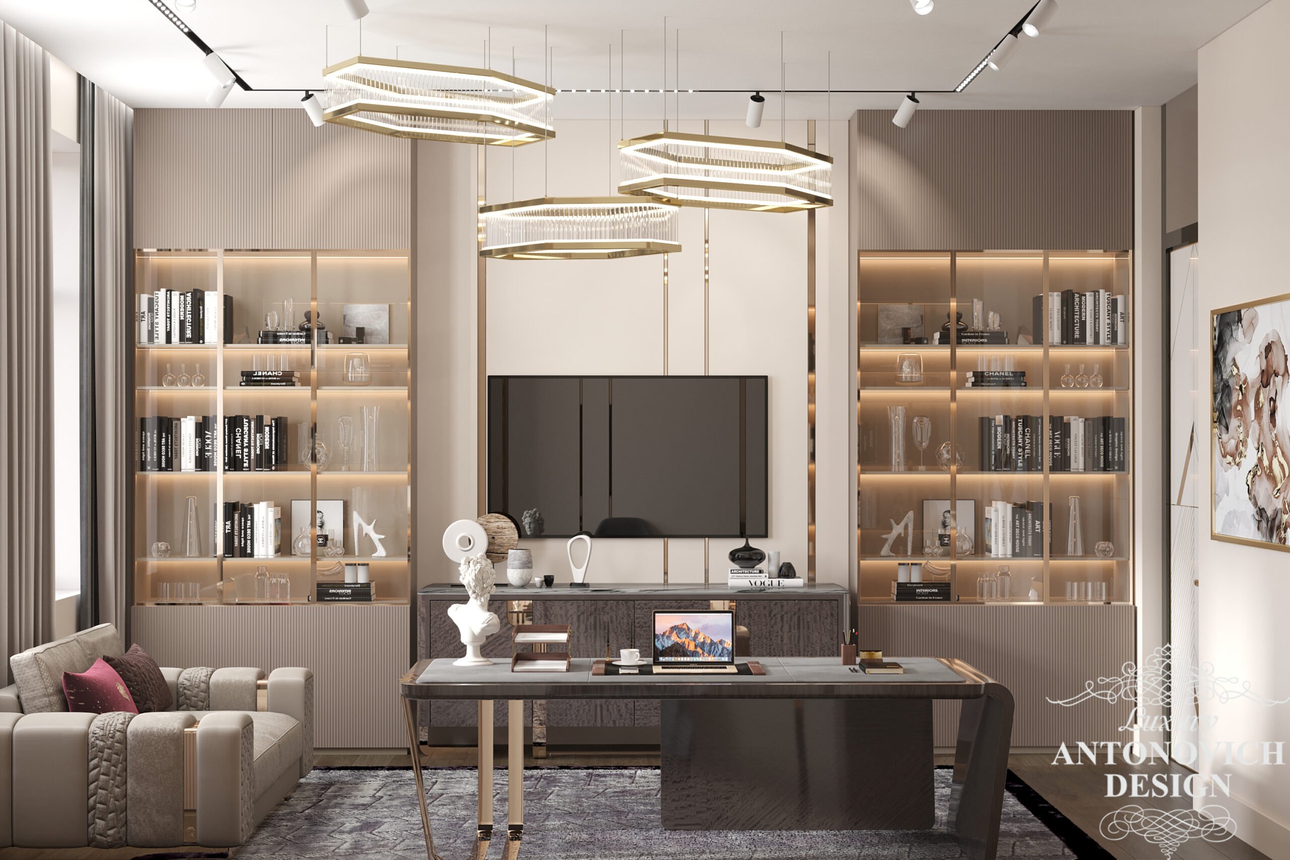 Дизайн-проект светлого кабинета в трендовых оттенках с дорогой мебелью из лучших итальянских коллекций